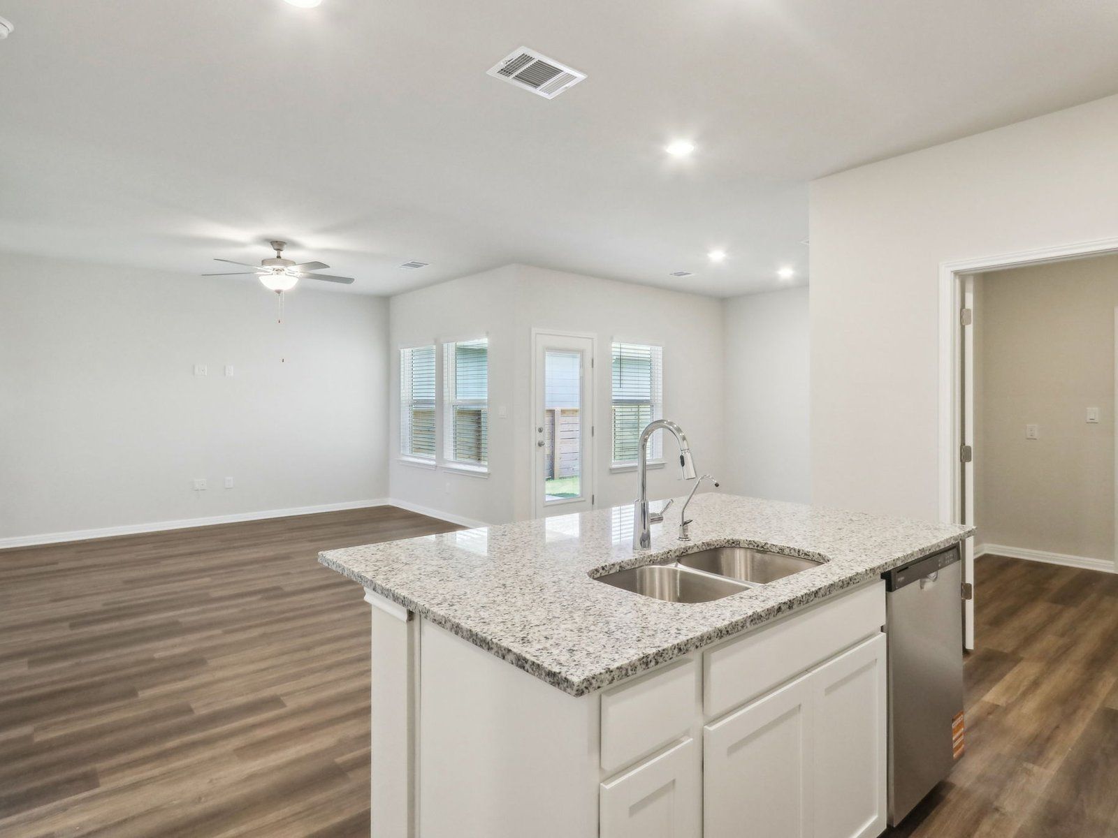 Kitchen, Living Room, and Dining Room