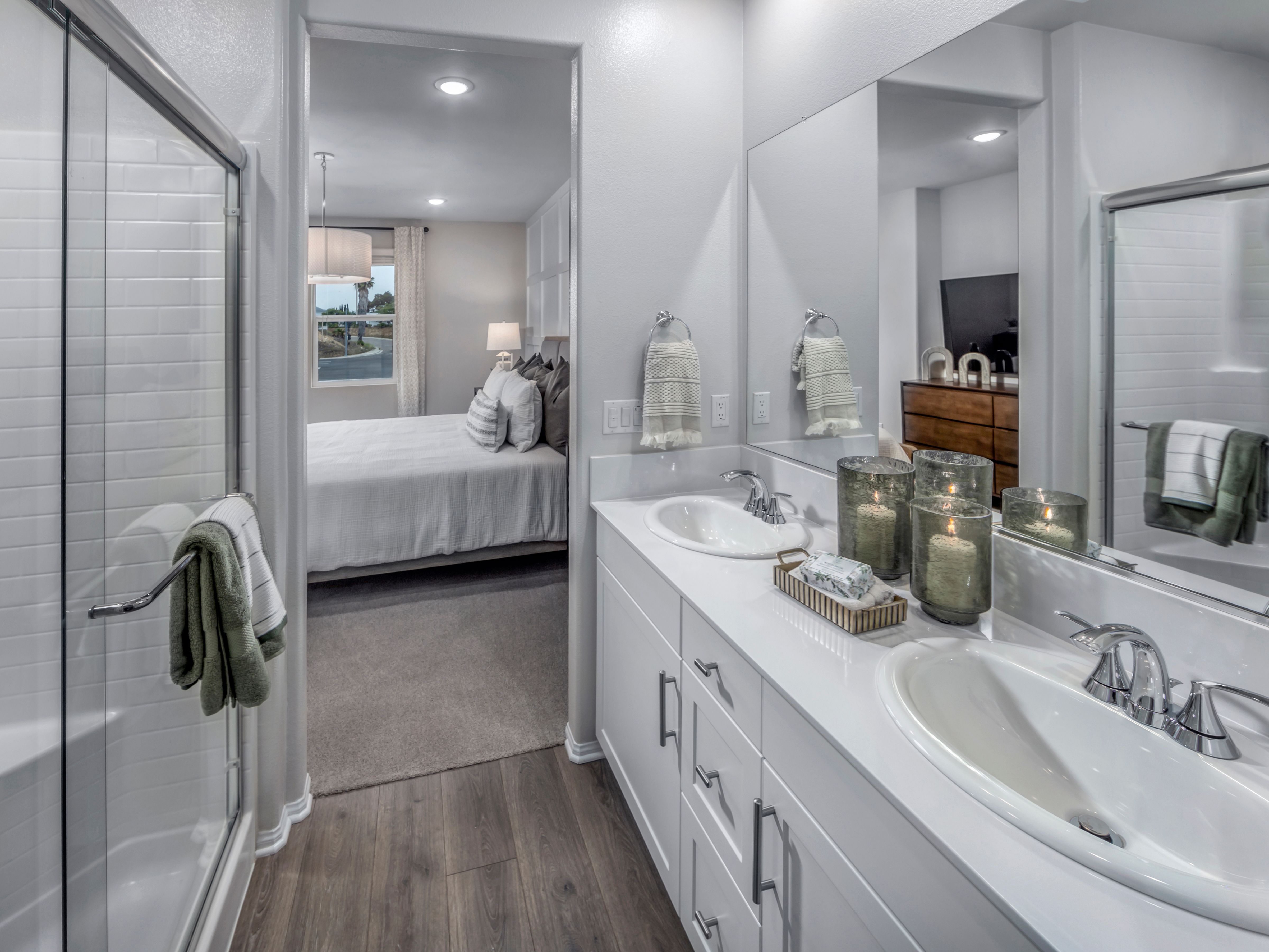 Primary bathroom in the Residence 2 floorplan at Cielo by Meritage Homes in San Marcos, CA.