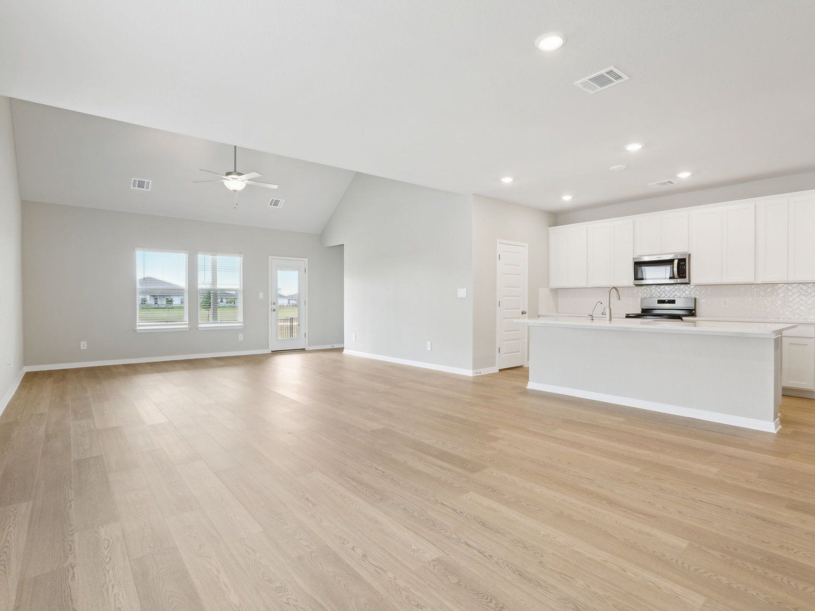 Kitchen, Living Room, and Dining Room
