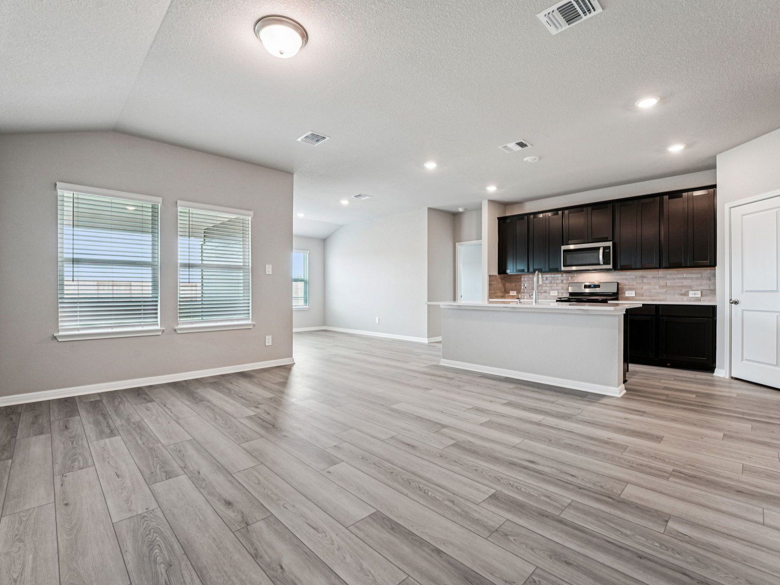 Kitchen, Living Room, and Dining Room