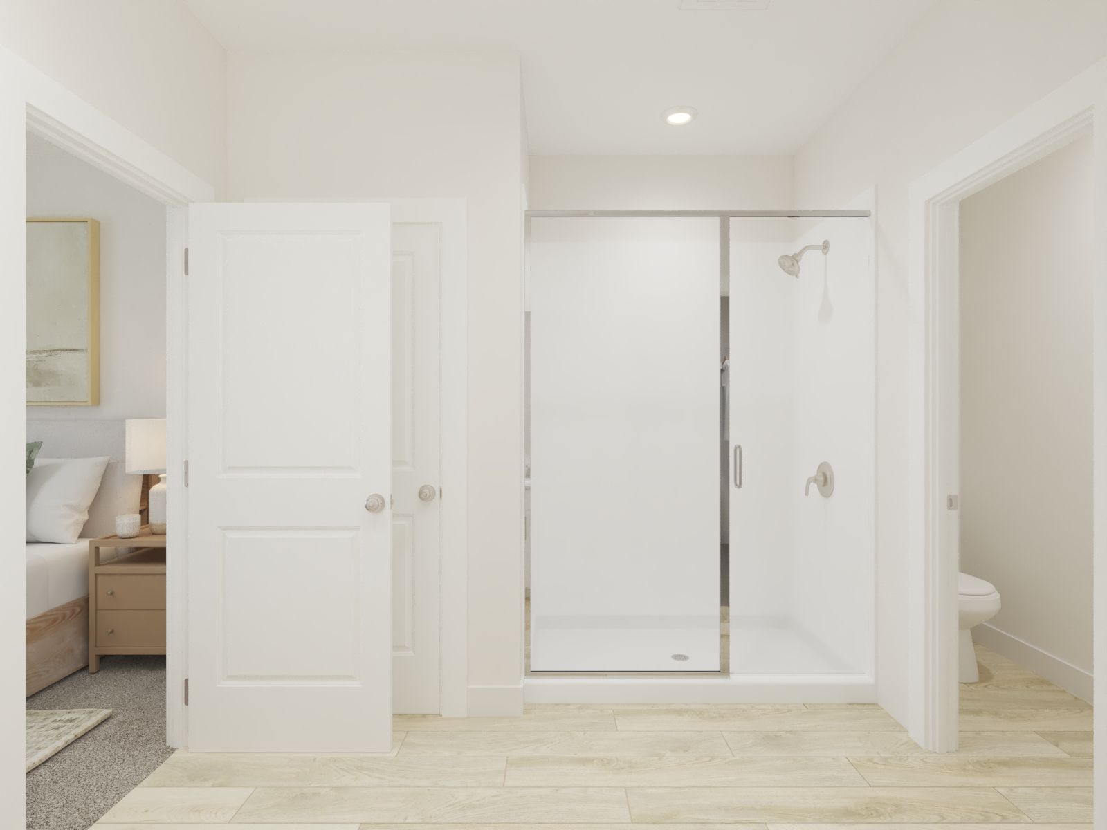 The primary bathroom offers dual vanity sinks and a walk-in shower.
