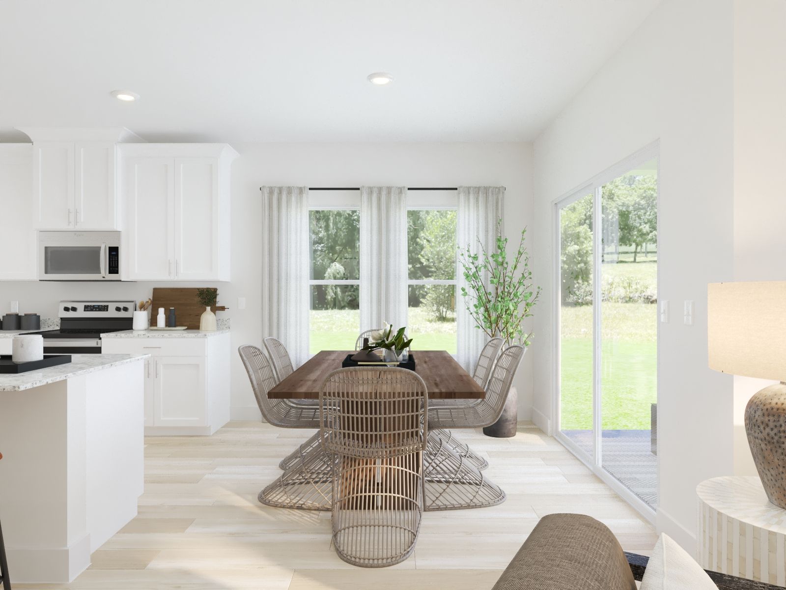 The open-concept floorplan allows for an easy flow between the kitchen and dining areas.
