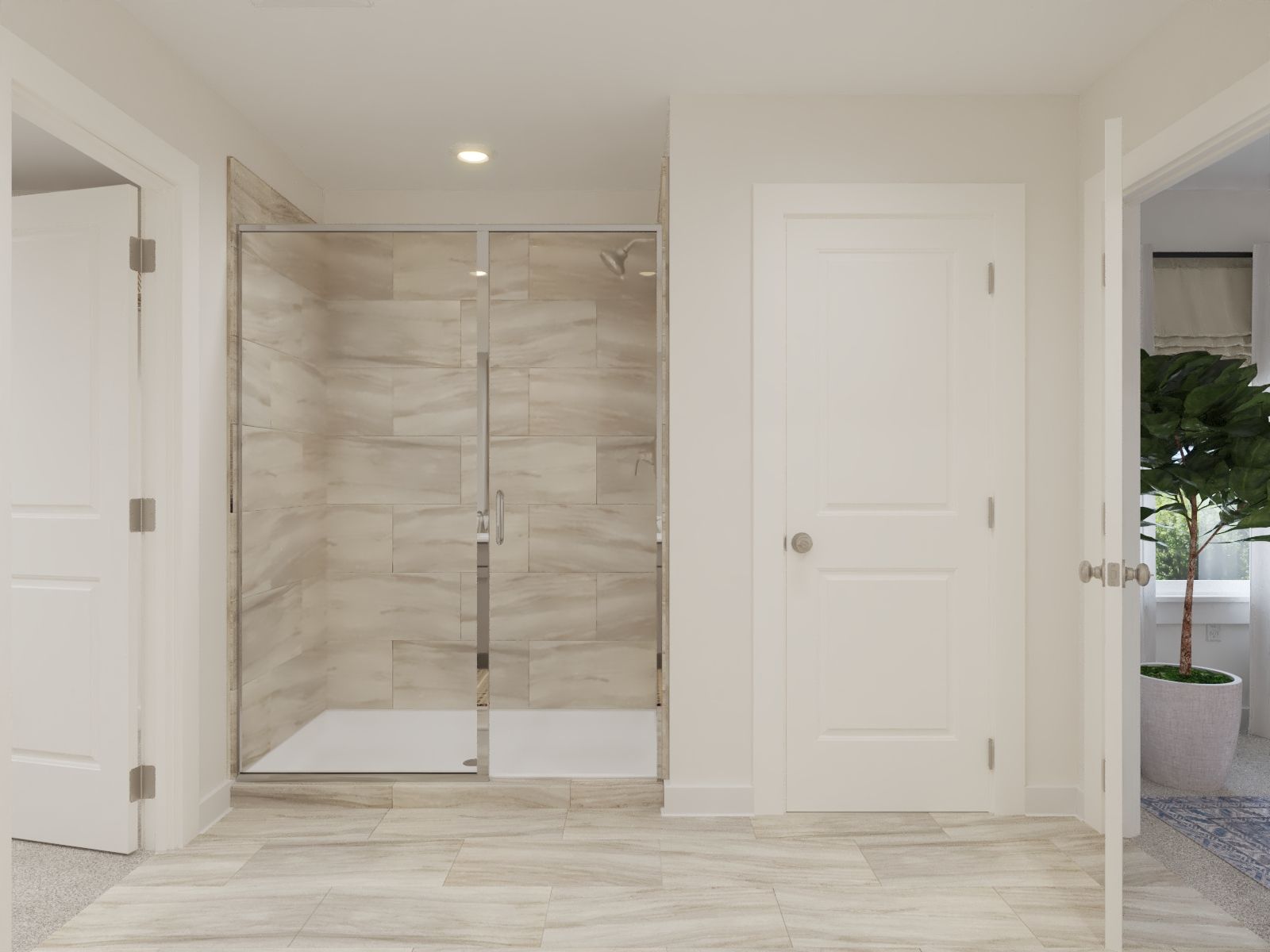 The primary bathroom offers dual vanity sinks and a walk-in shower.