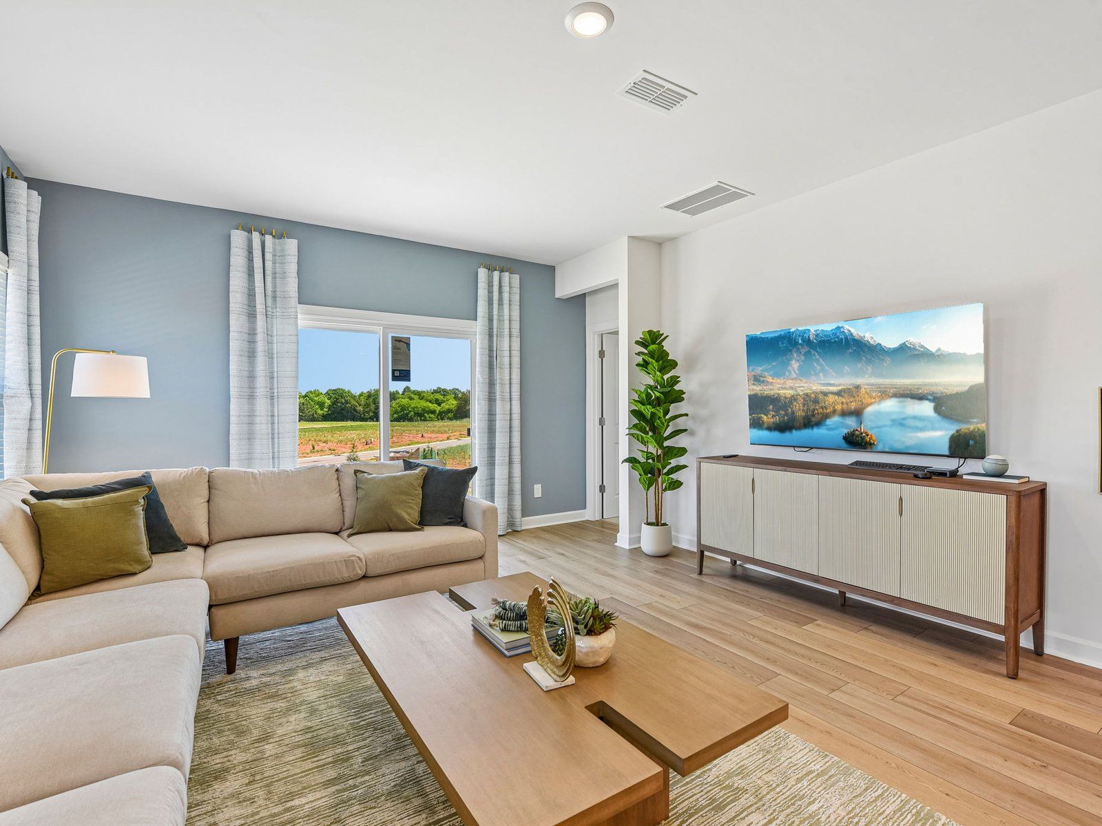 The great room offers an abundance of natural light.