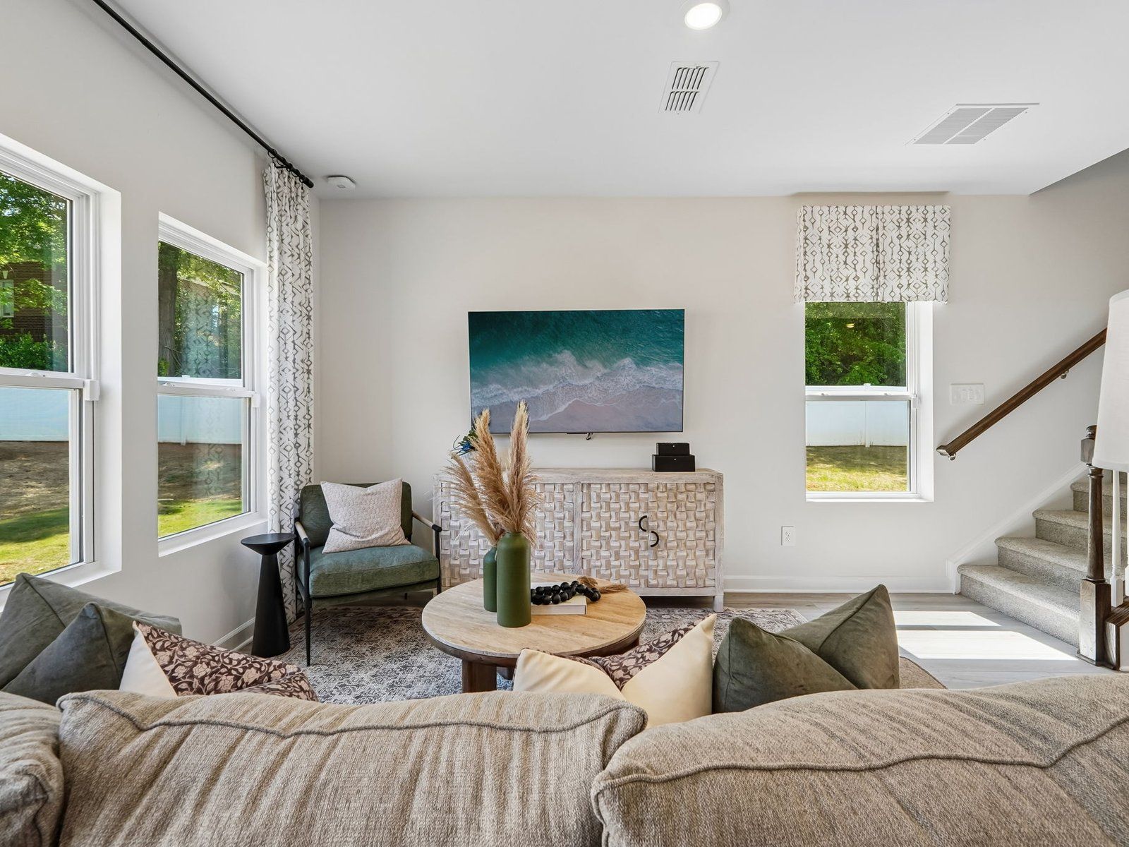 The great room offers an abundance of natural light.