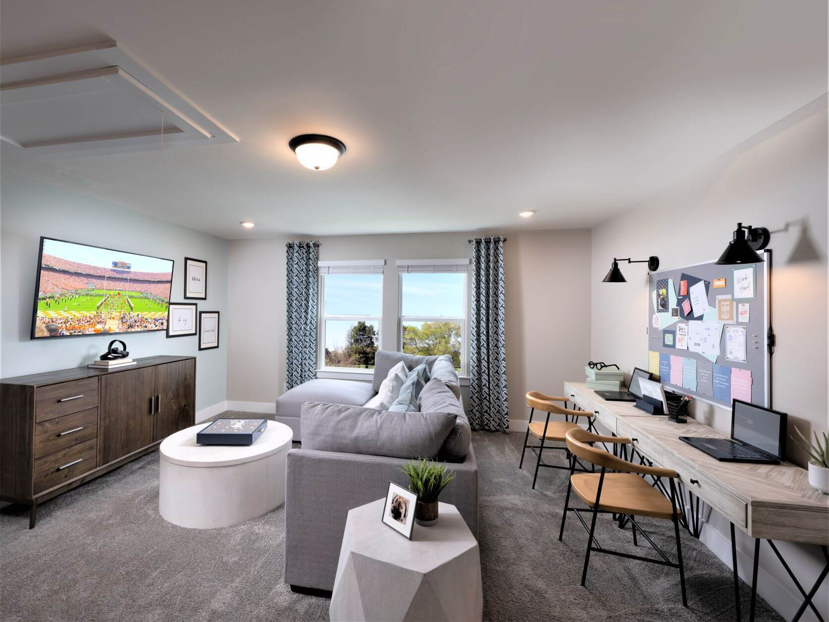 A large loft upstairs give the kids a space to hang out with friends or do homework.