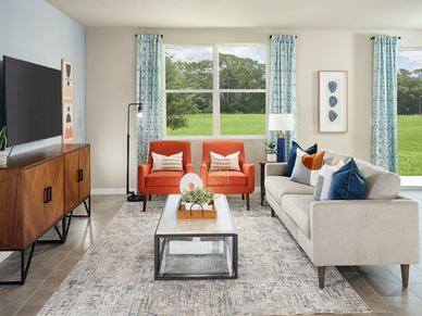 Great Room of the Foxglove plan modeled at The Reserve at Van Oaks.