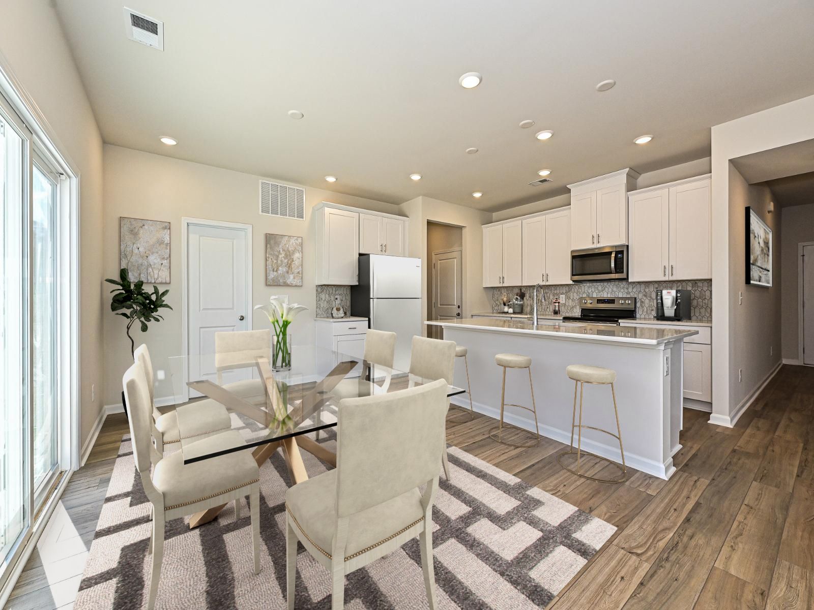 Create a functional dining room and bar counter in the kitchen and flex area.
