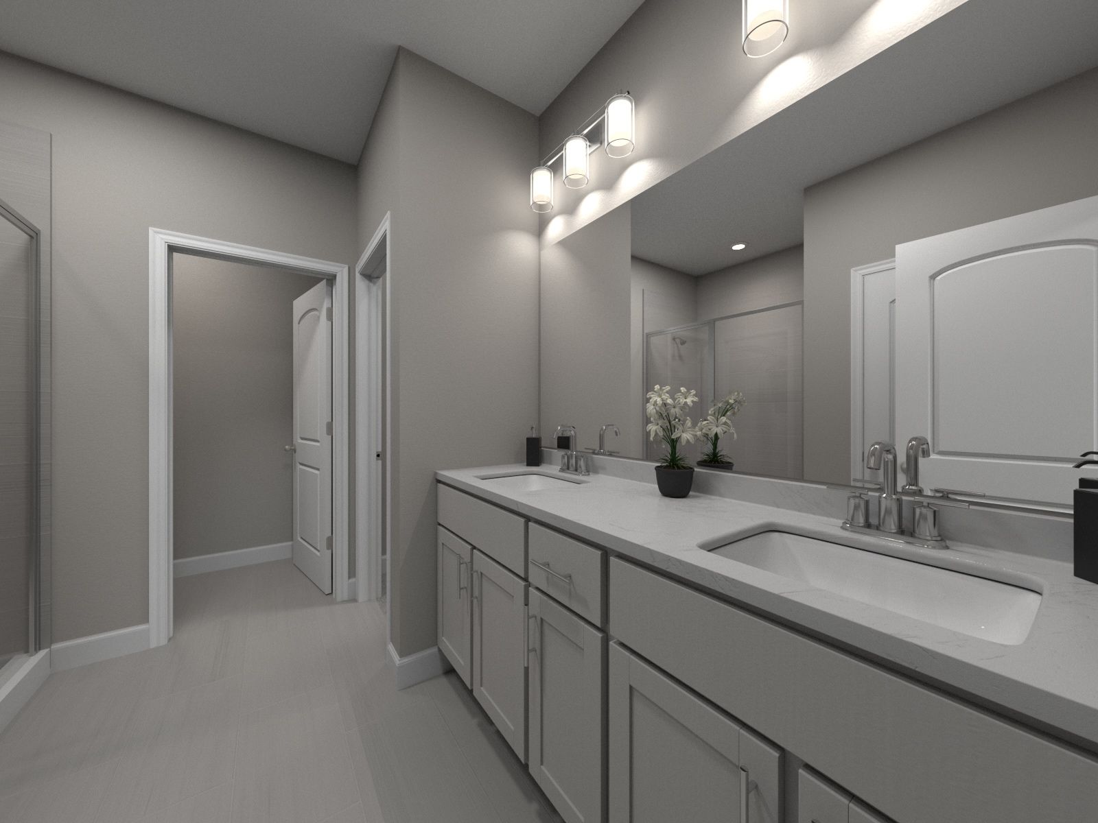 The primary bath offers a large walk-in shower.