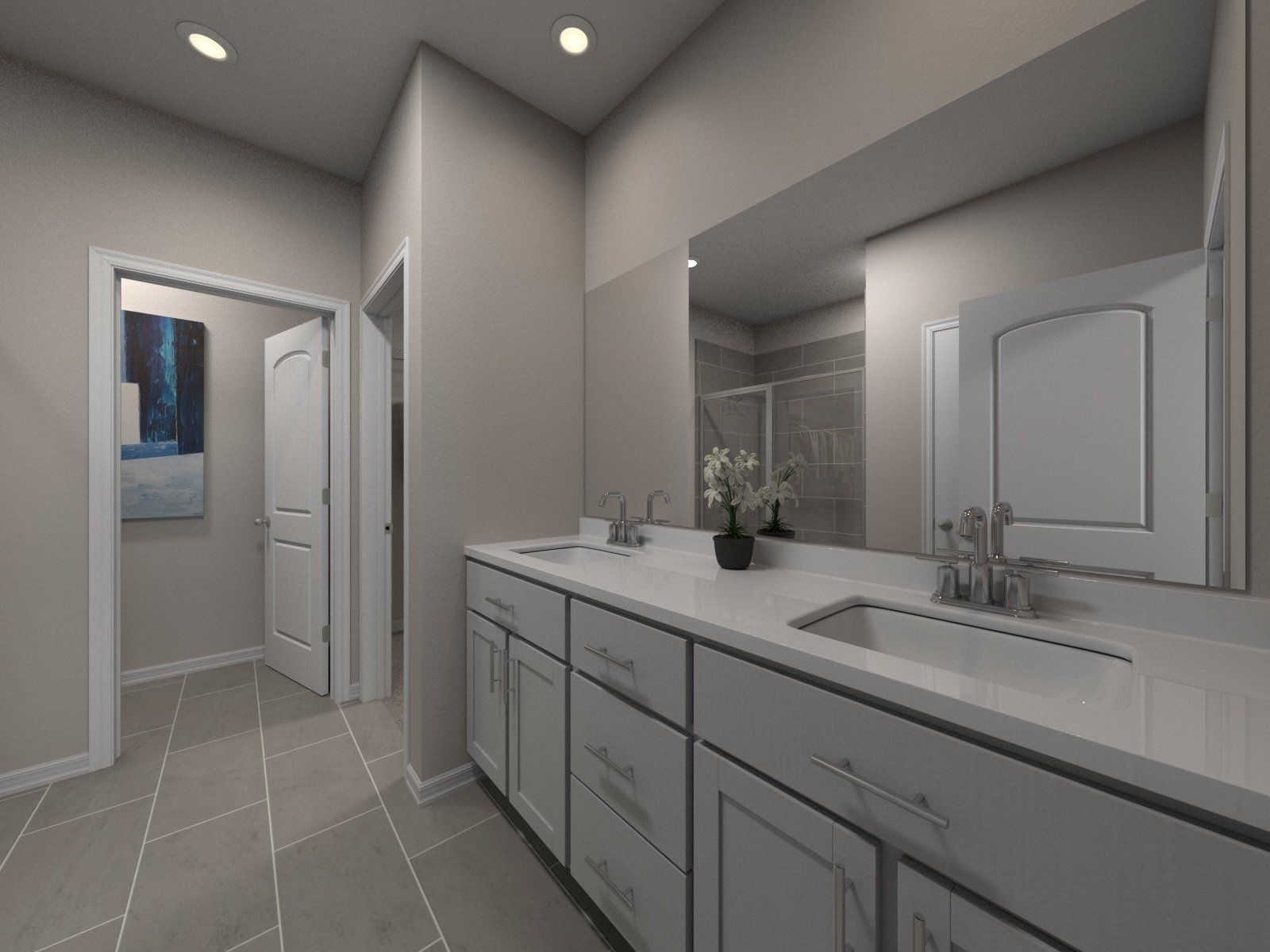 The primary bathroom offers dual sinks and a walk-in shower.