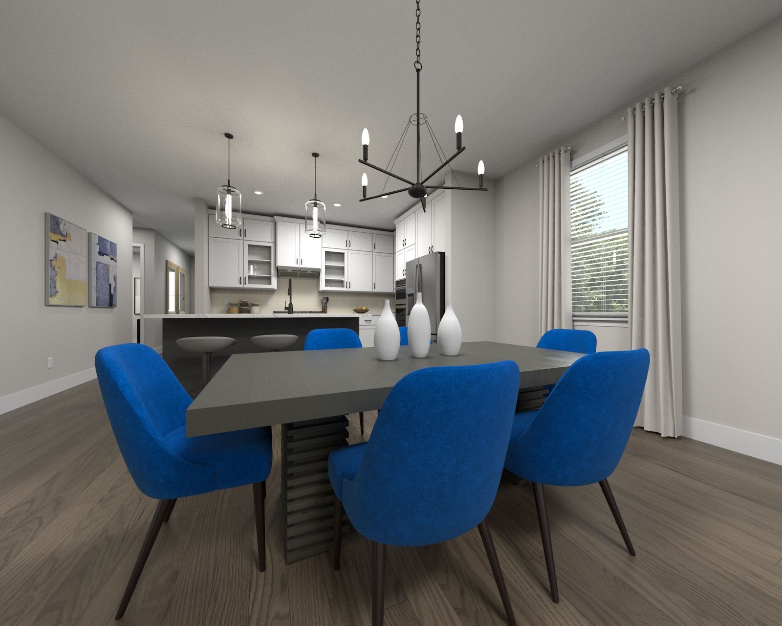 The spacious open-concept floorplan allows for an easy flow between the kitchen and dining areas.