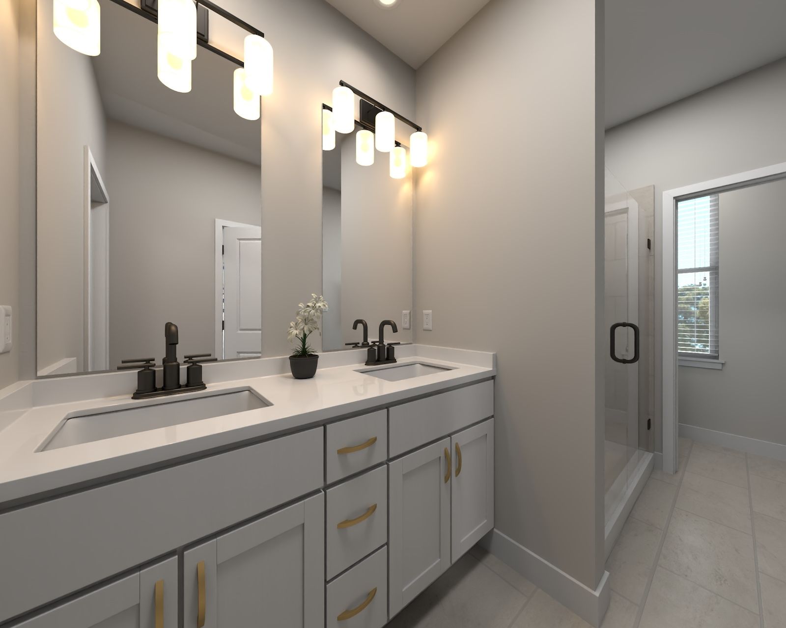 The primary bathroom offers dual vanity sinks and a walk-in closet.