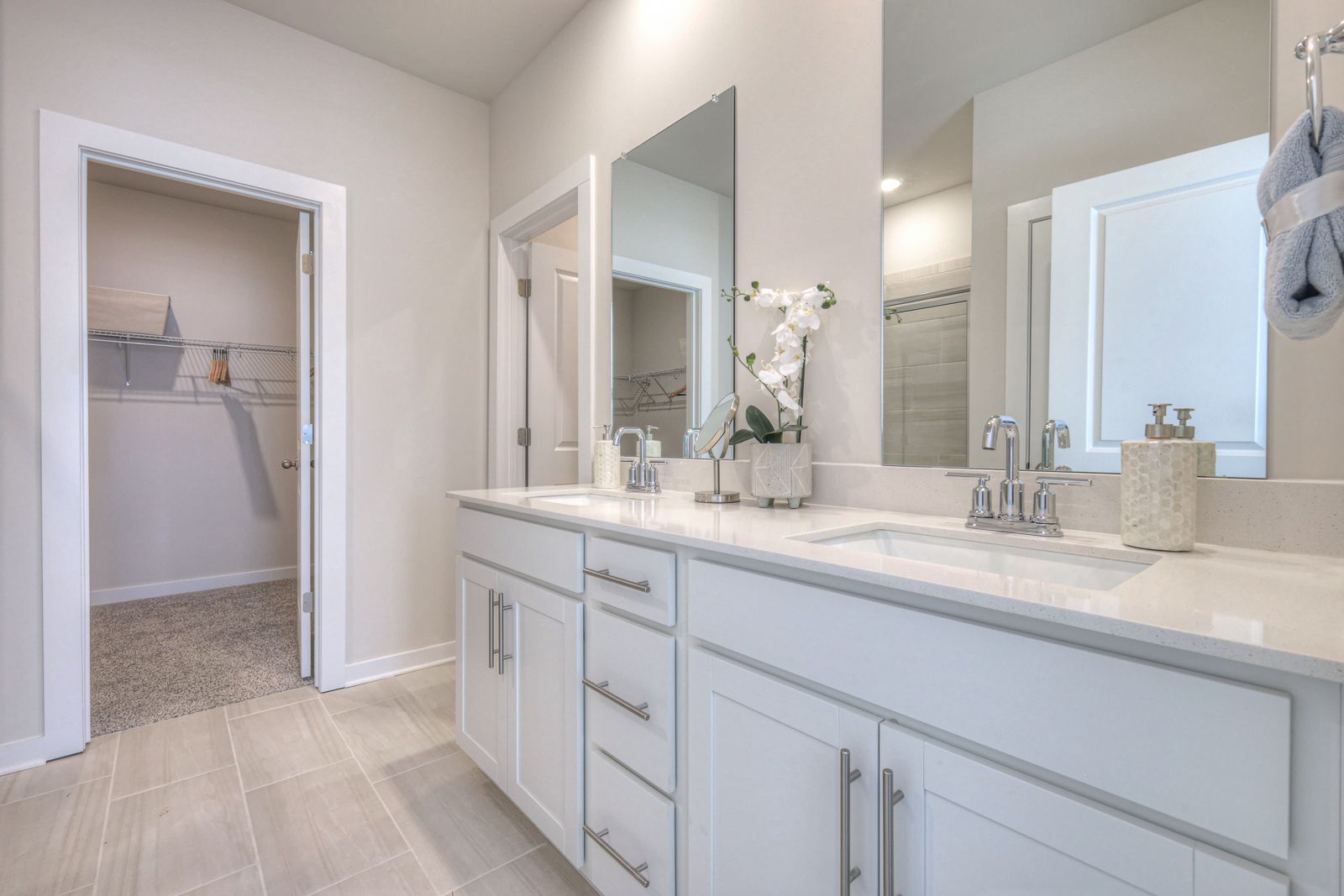 The primary bathroom offers dual vanity sinks and a walk-in shower.
