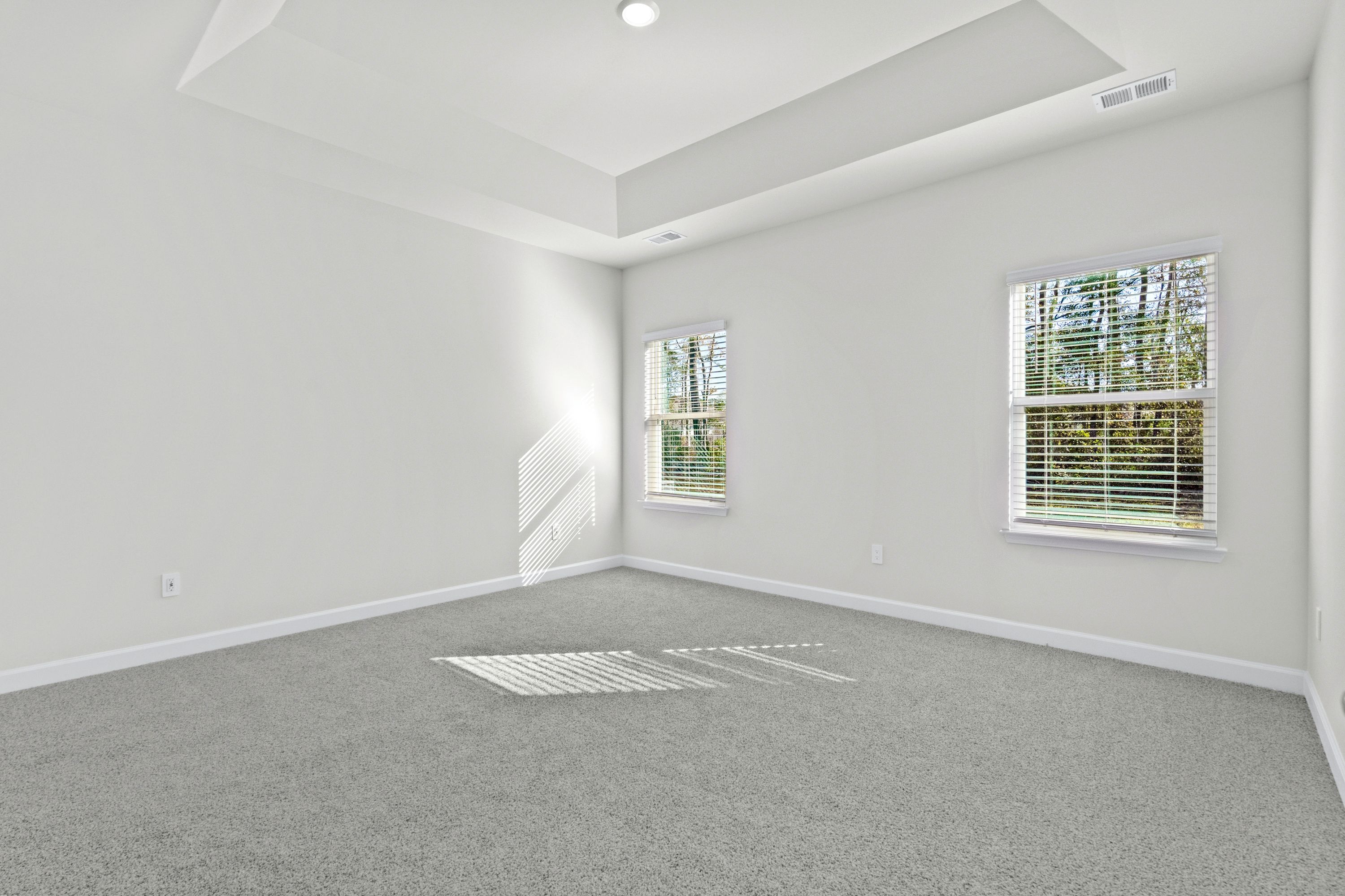 A private primary bedroom is accentuated with a tray ceiling.