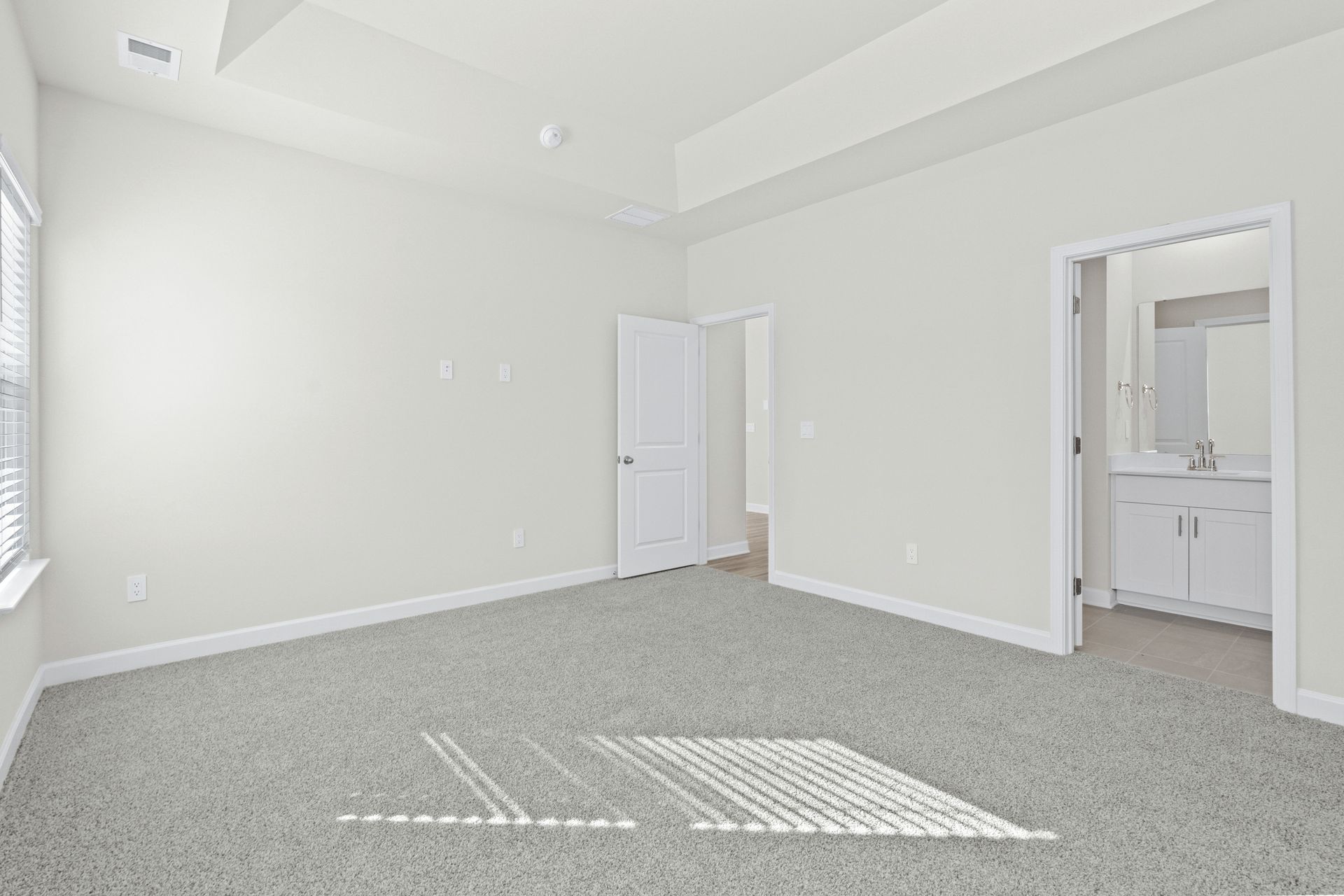 A private primary bedroom is accentuated with a tray ceiling.