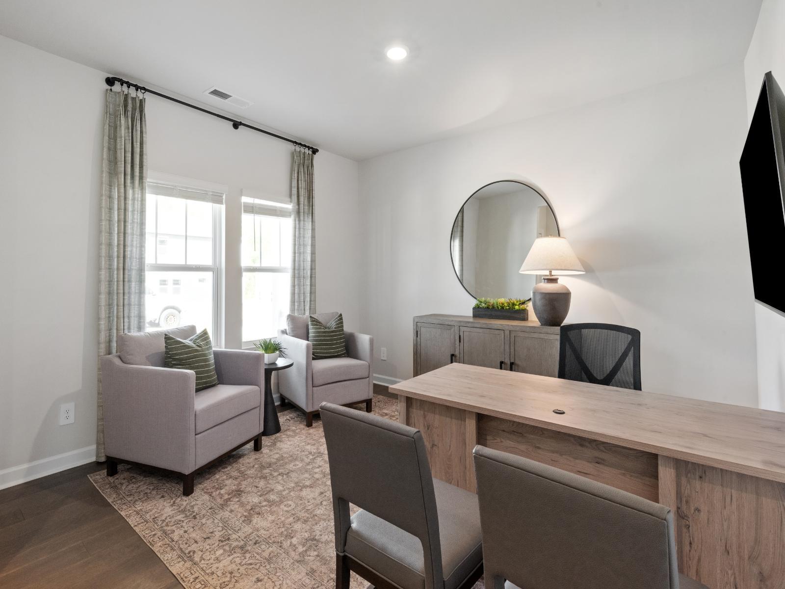 Turn the front flex room into a home office or seating area.