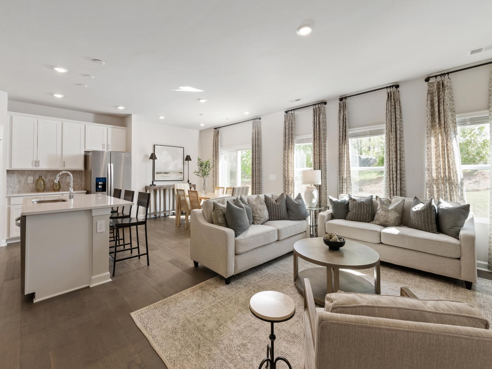 The great room offers an abundance of natural light.