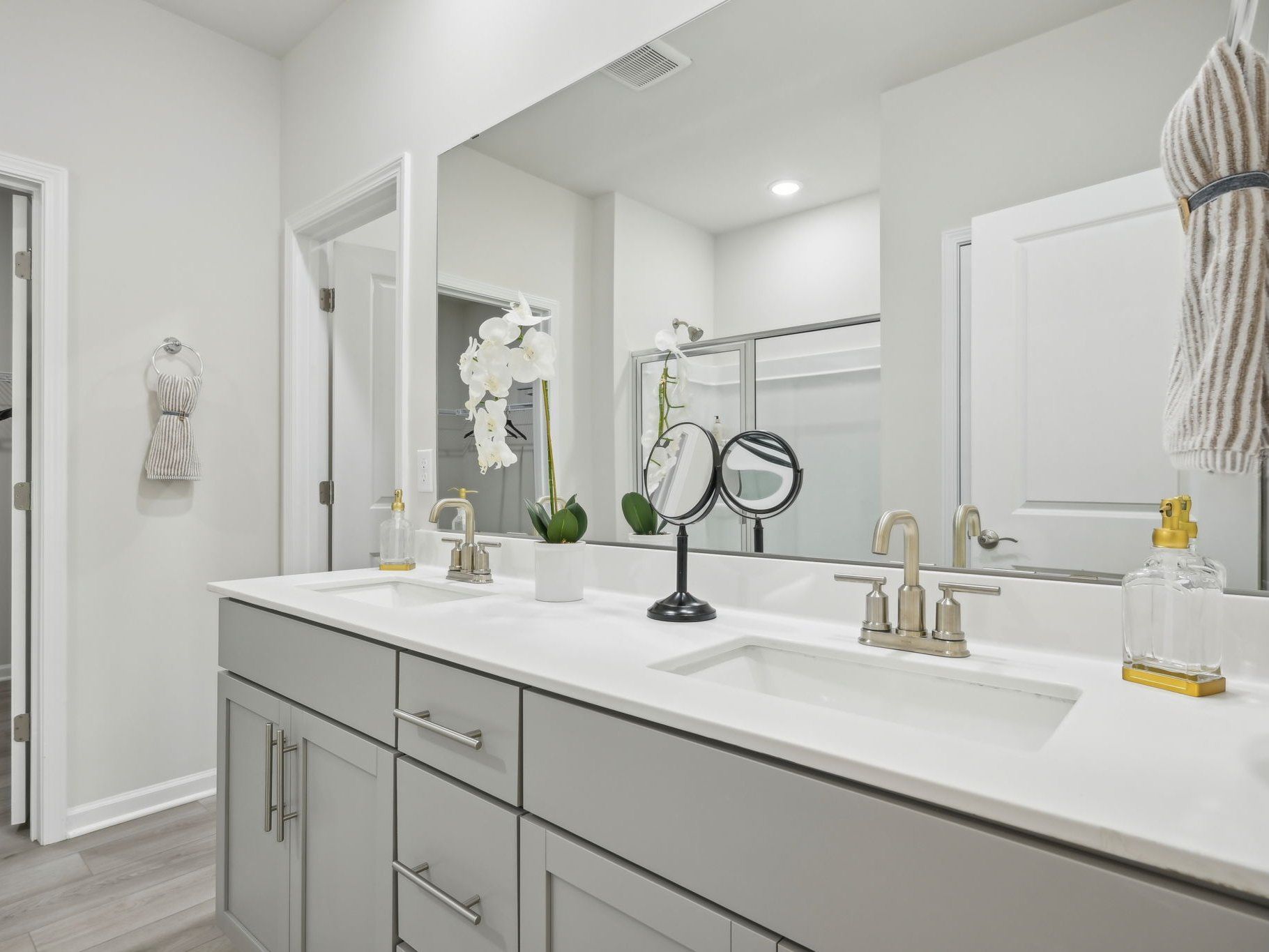 The luxurious primary suite featuring a tray ceiling, dual sinks and a spacious closet.