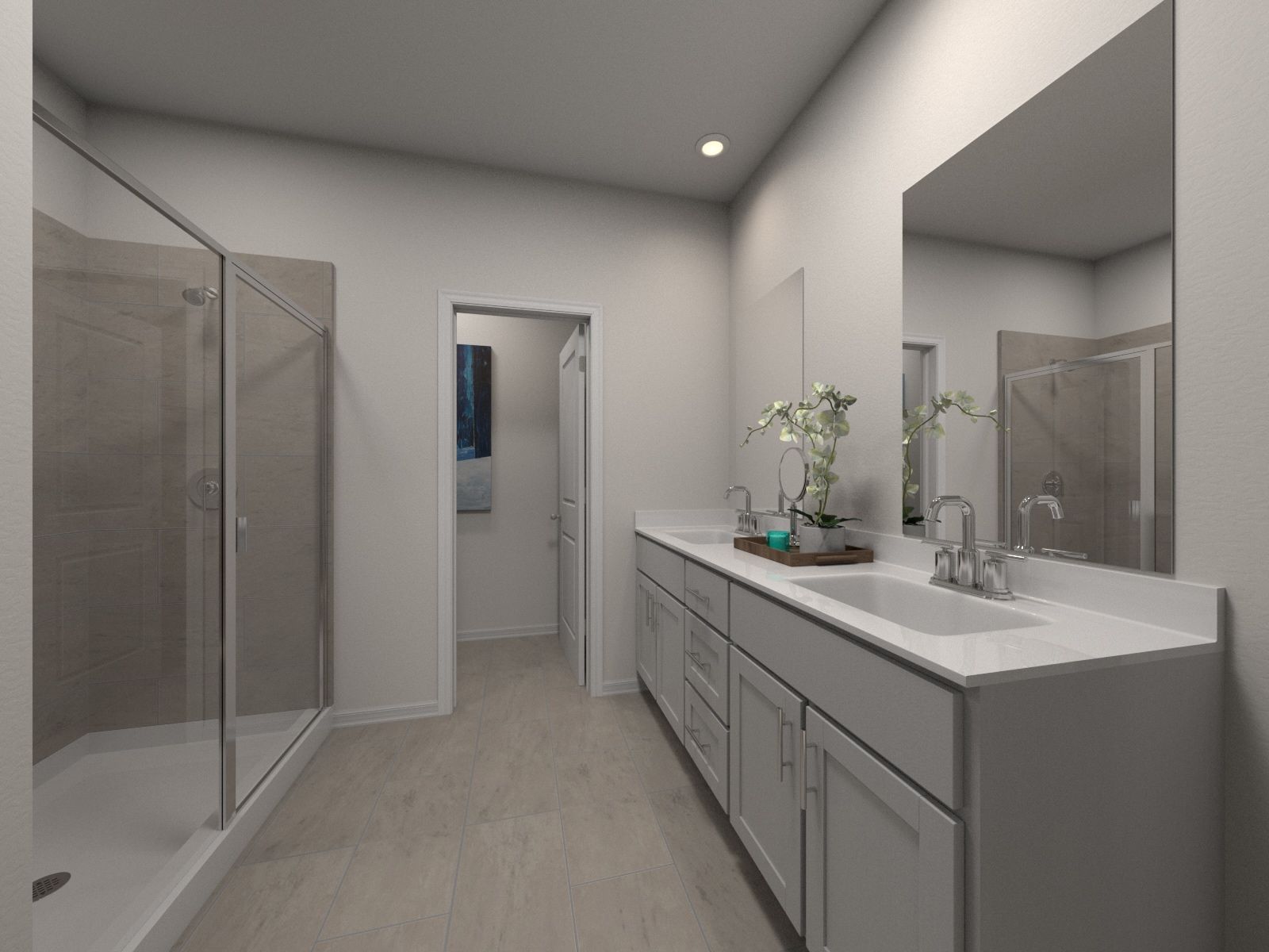 The primary bathroom offers dual vanity sinks and a walk-in closet.