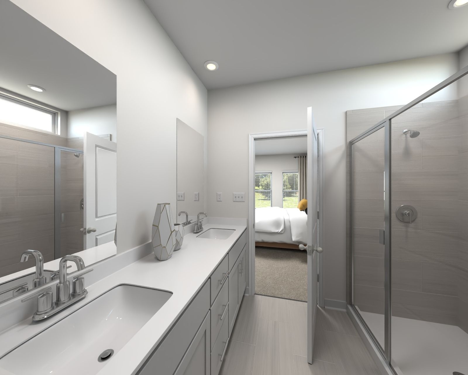 The primary bathroom offers dual vanity sinks and a walk-in shower.