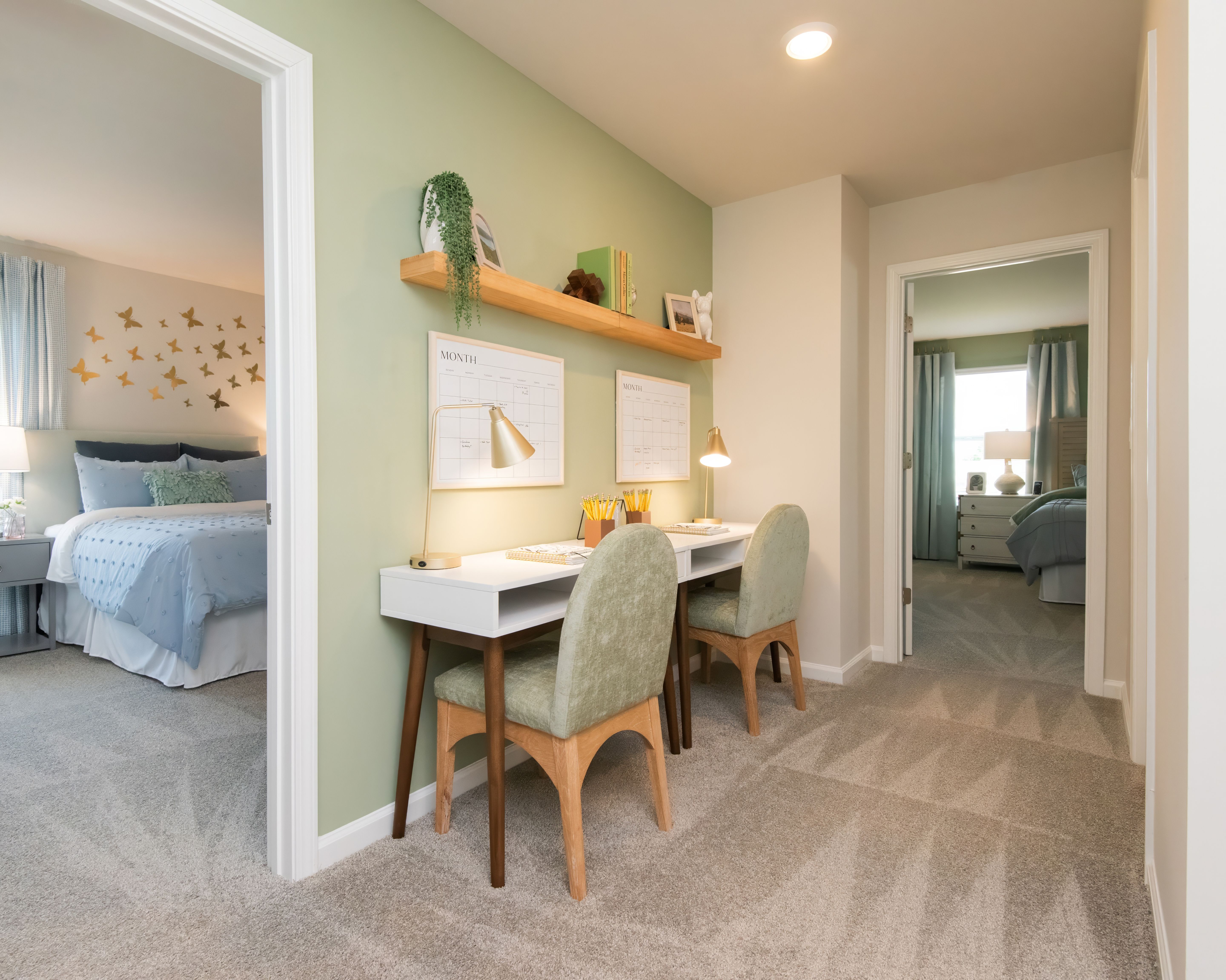 A bright hallway with two workspaces—perfect for homework or focused work.