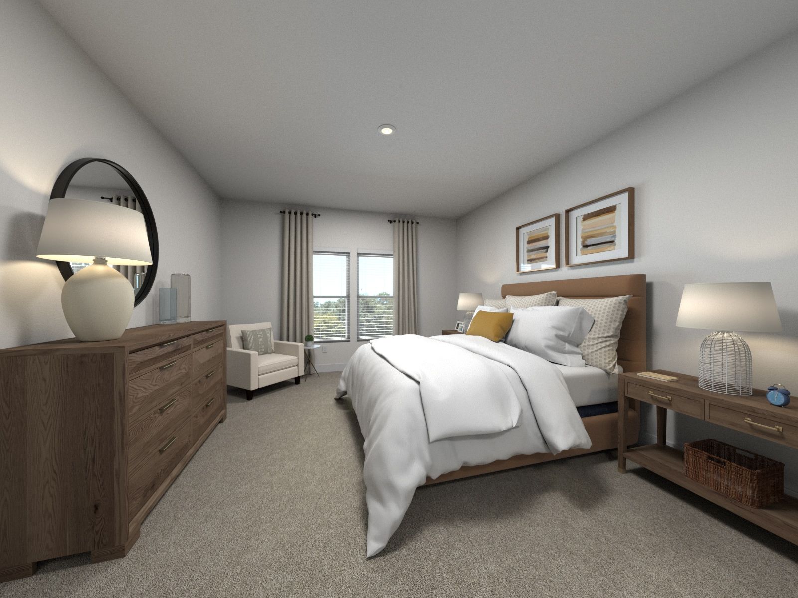 Virtually staged primary suite in the Dakota floorplan.