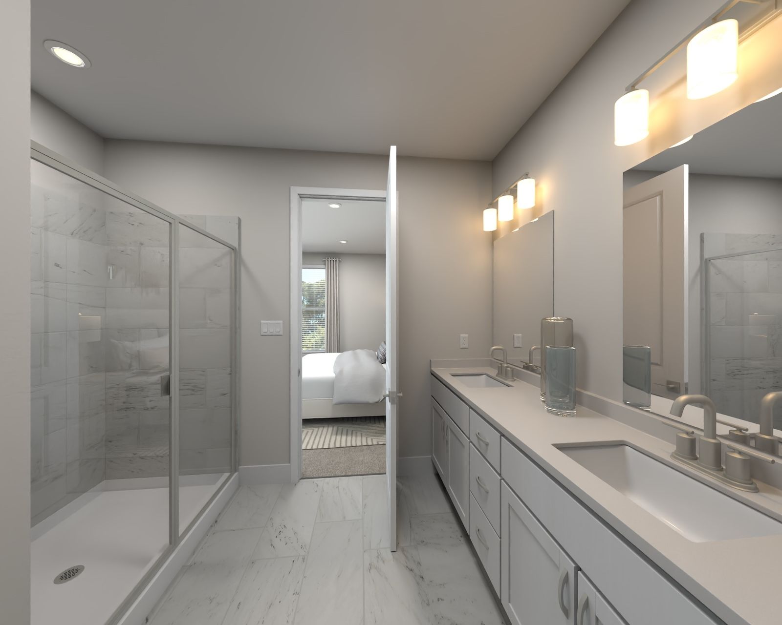 The primary bathroom offers dual vanity sinks and a walk-in shower.