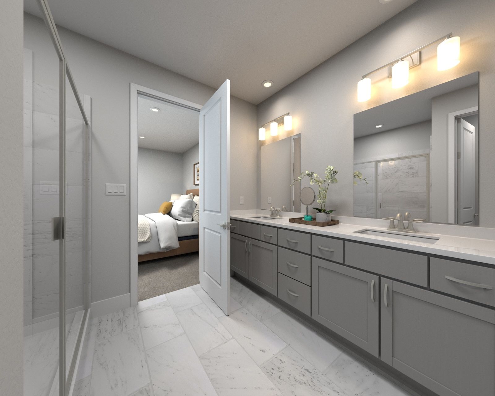 The primary bathroom offers dual vanity sinks and a walk-in shower.