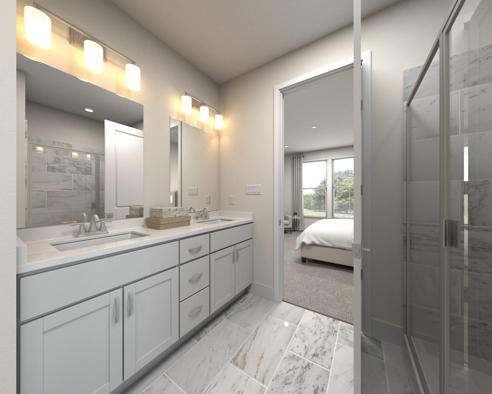 The primary bathroom offers dual vanity sinks and a walk-in shower.