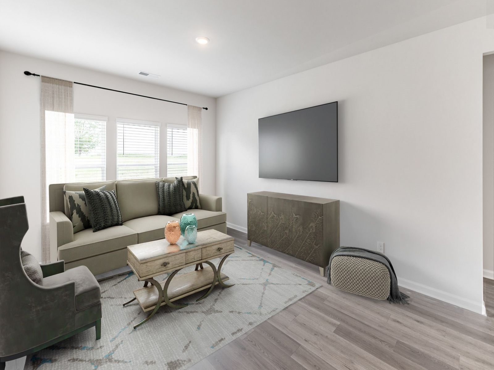 Great Room in the Newport floorplan with the Balanced Dark interior package.