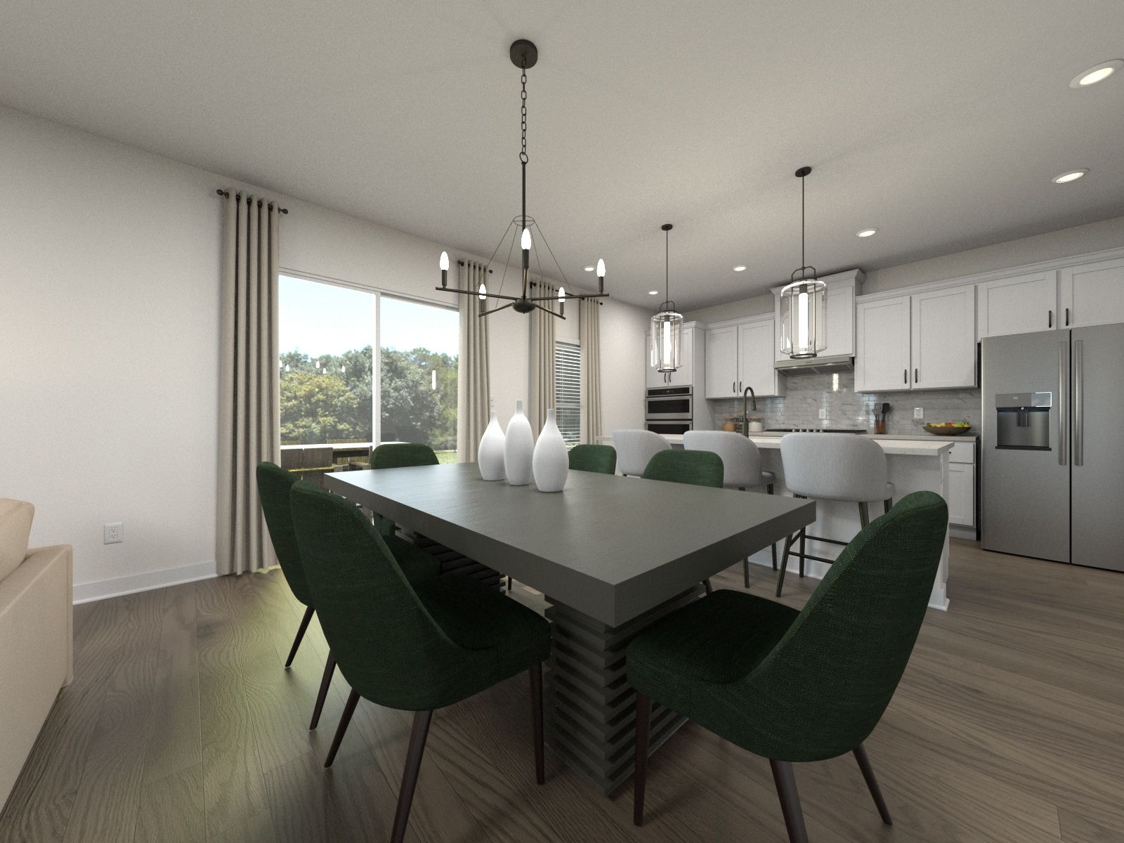 The open-concept floorplan allows for an easy flow between the kitchen and dining area.