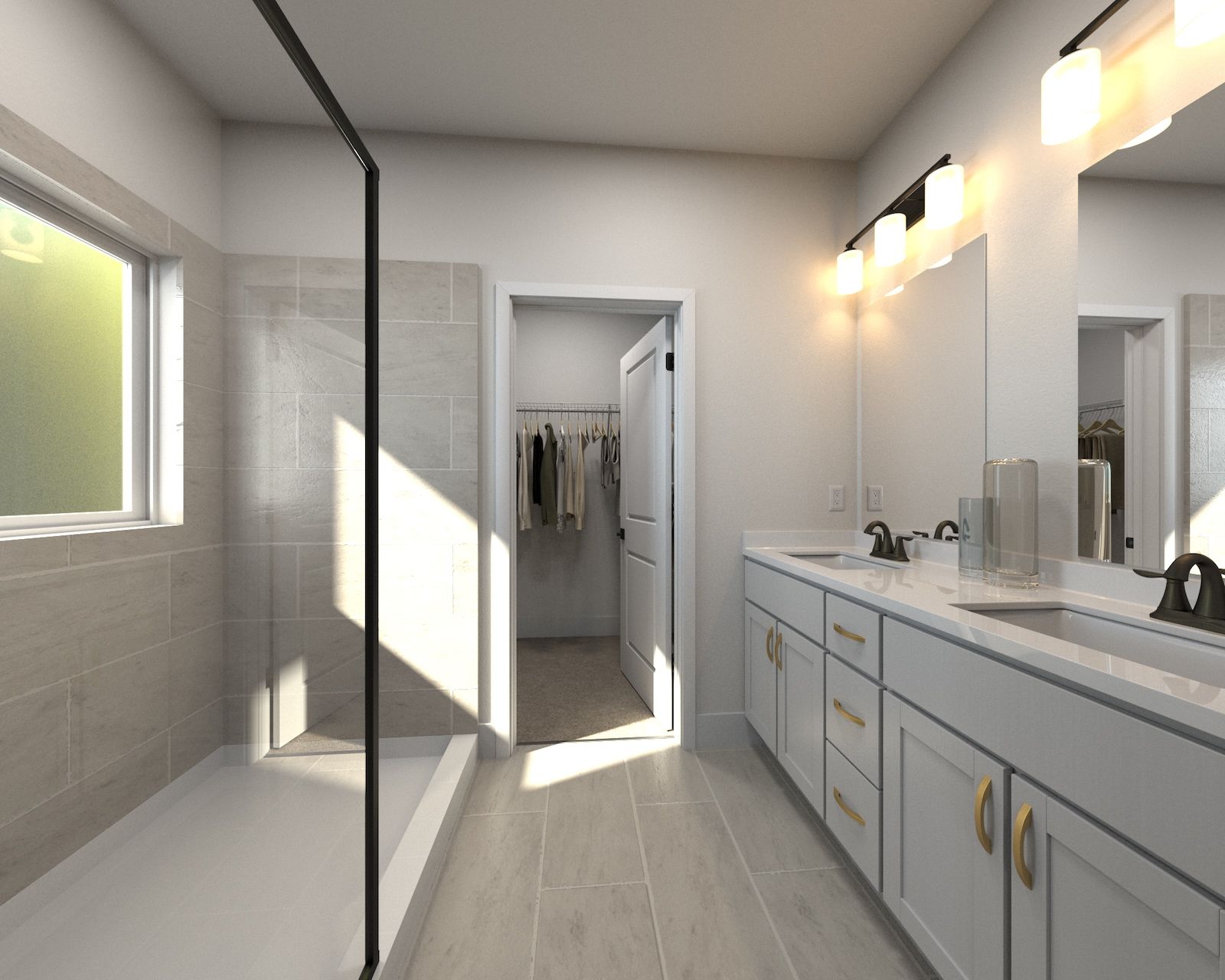 The primary bathroom offers dual vanity sinks and a walk-in shower.