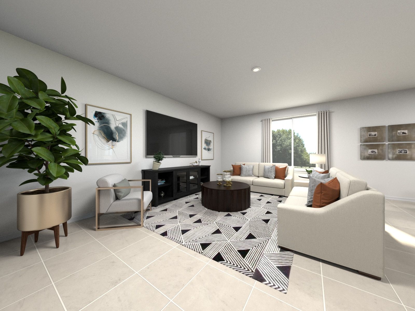 Rendering of the Living Room in the Redwood Floorplan.