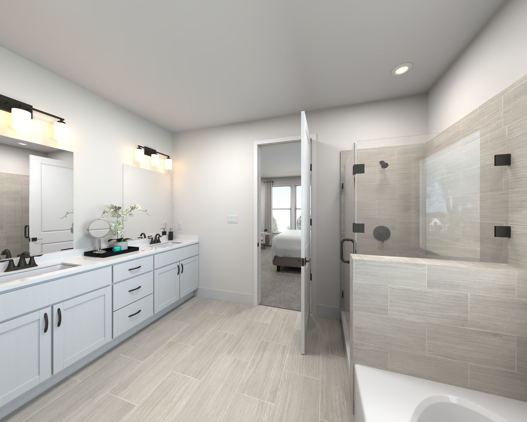 The primary bathroom offers dual vanity sinks and a walk-in shower.