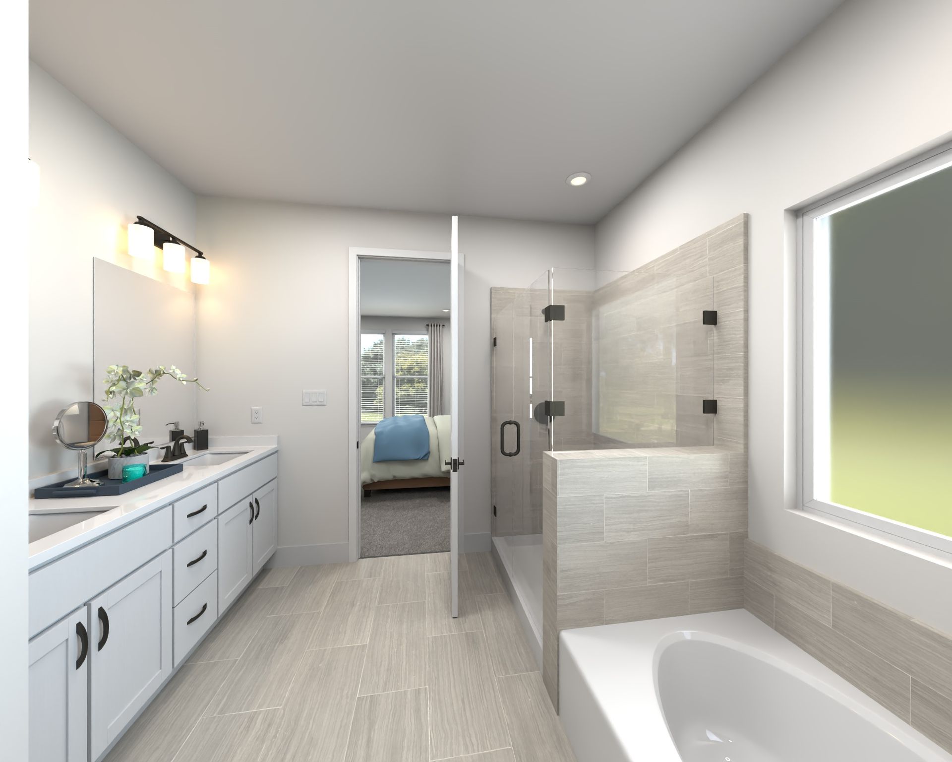 The primary bathroom offers dual vanity sinks and a walk-in shower.