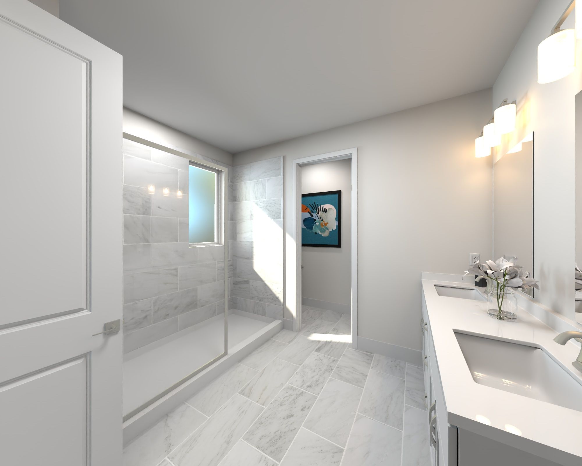 The primary bathroom offers dual vanity sinks and a walk-in shower.