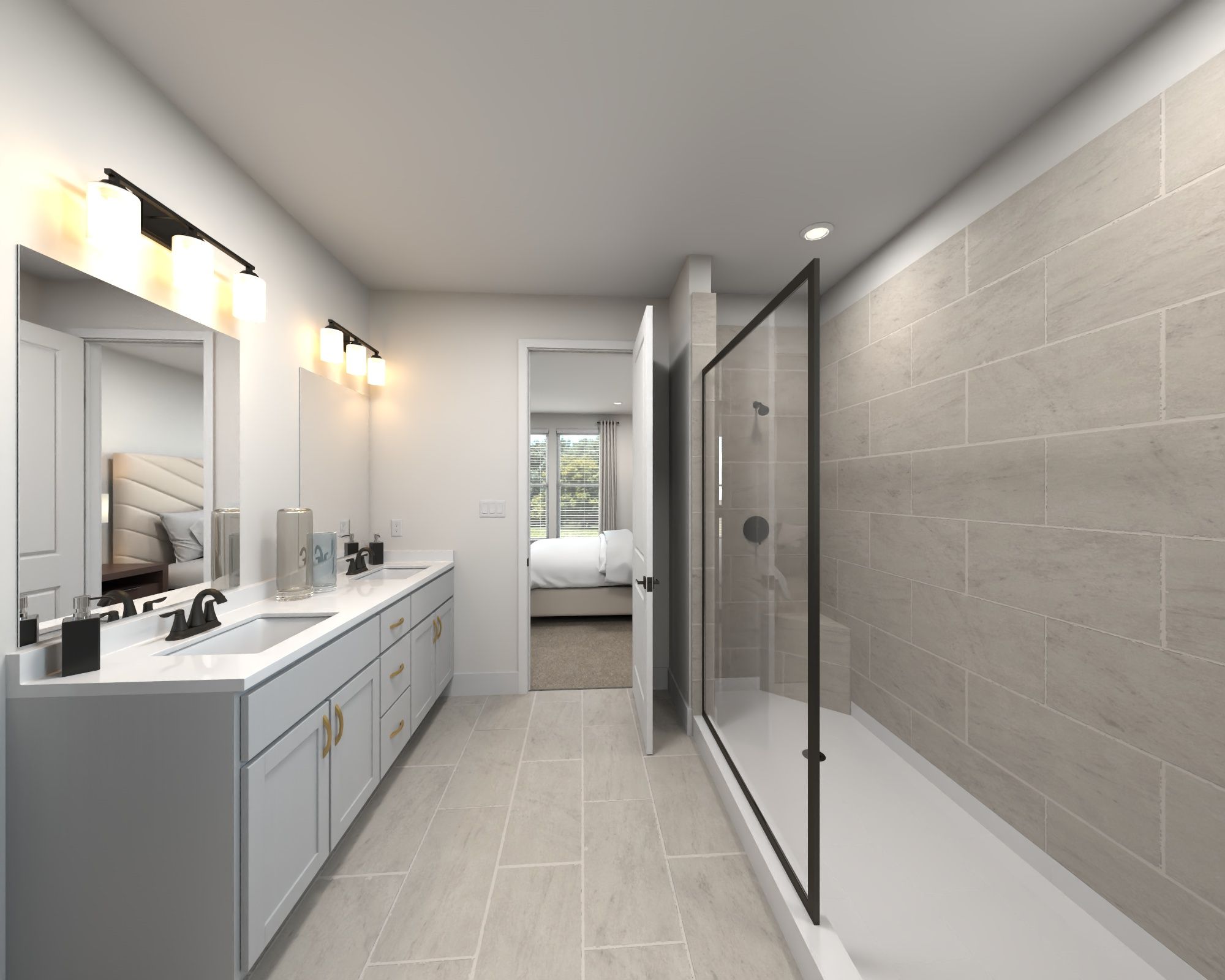The primary bathroom offers dual vanity sinks and a walk-in shower.