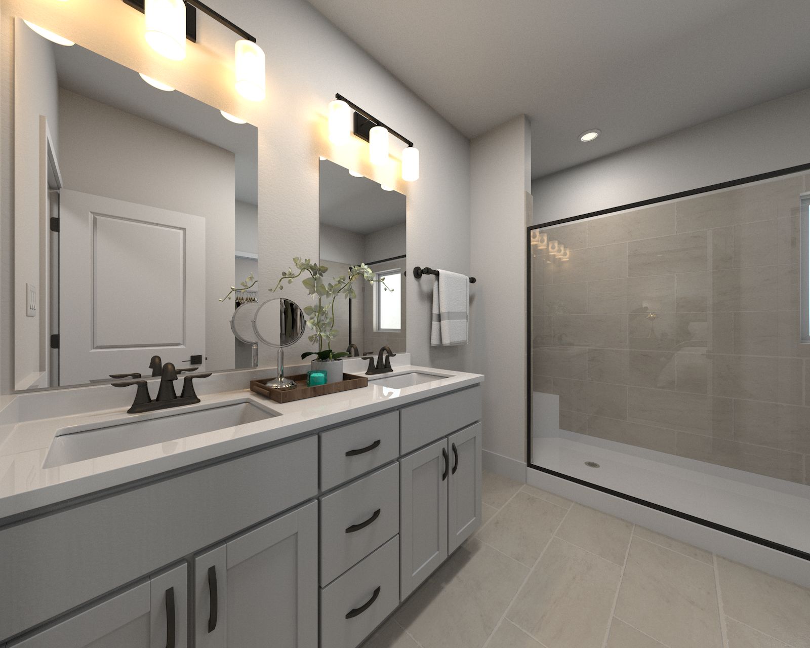 The primary bathroom offers dual vanity sinks and a walk-in shower.