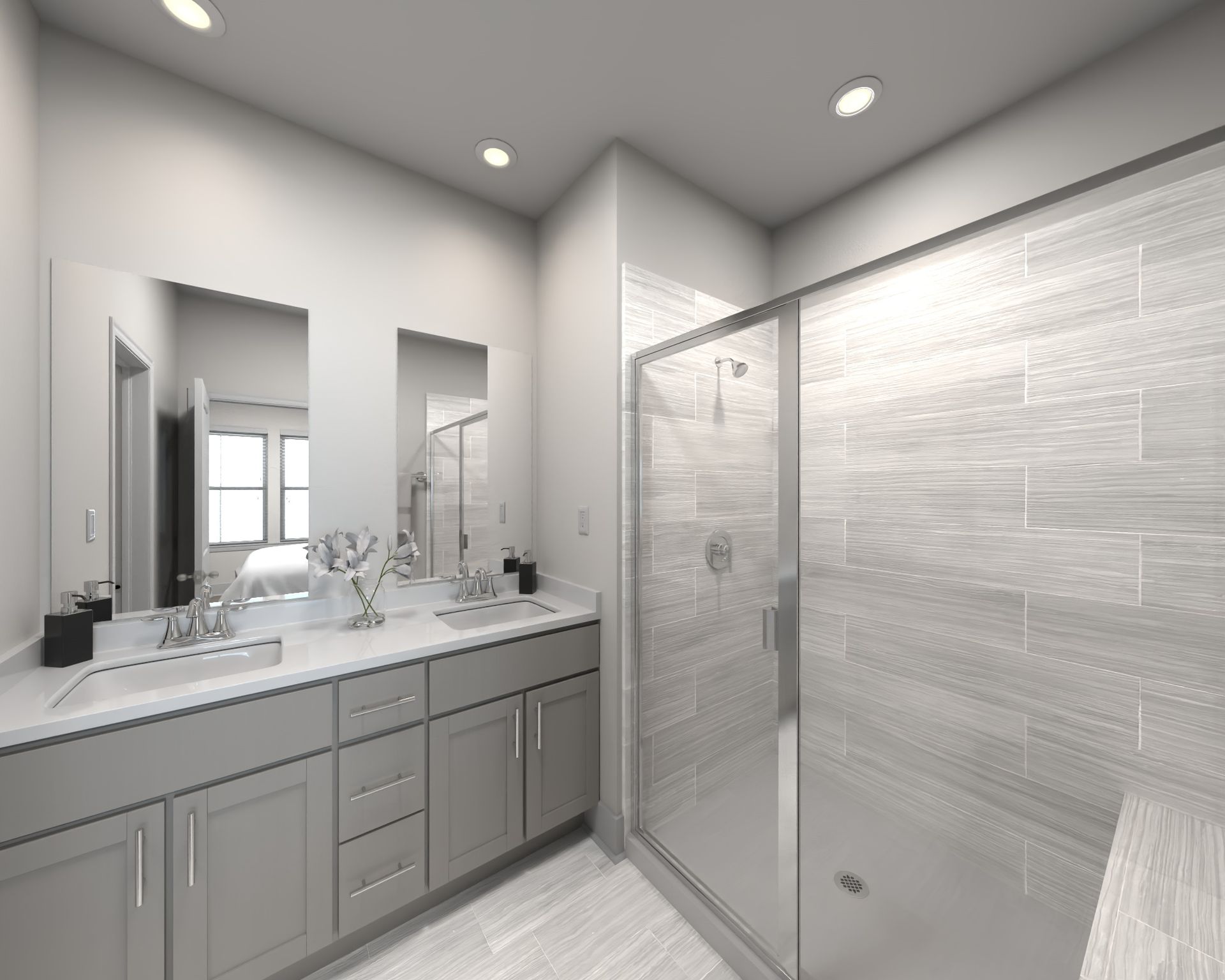 The primary bathroom offers dual vanity sinks and a walk-in shower.