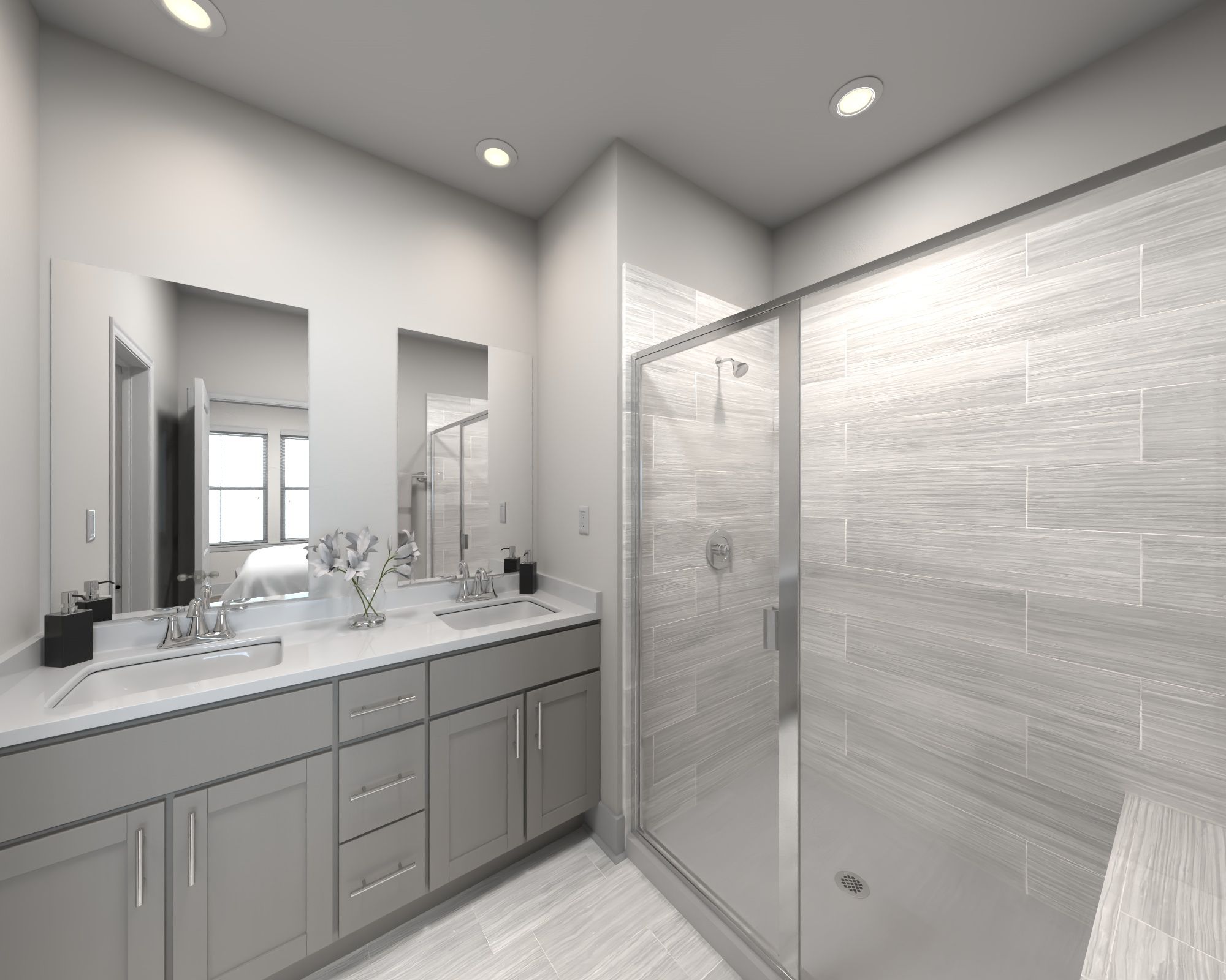The primary bathroom offers dual vanity sinks and a walk-in shower.