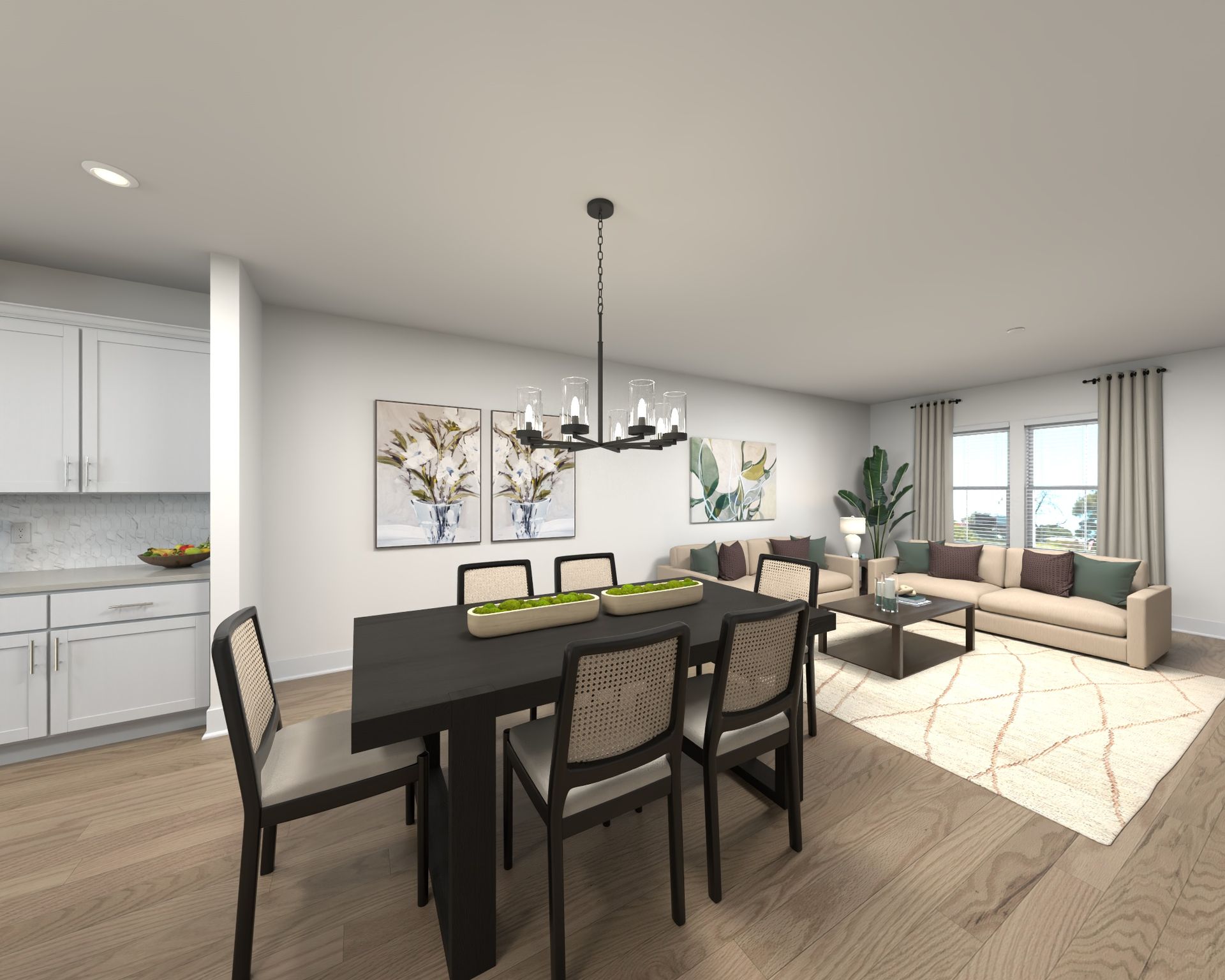 The open-concept floorplan allows for an easy flow between the kitchen and dining areas.
