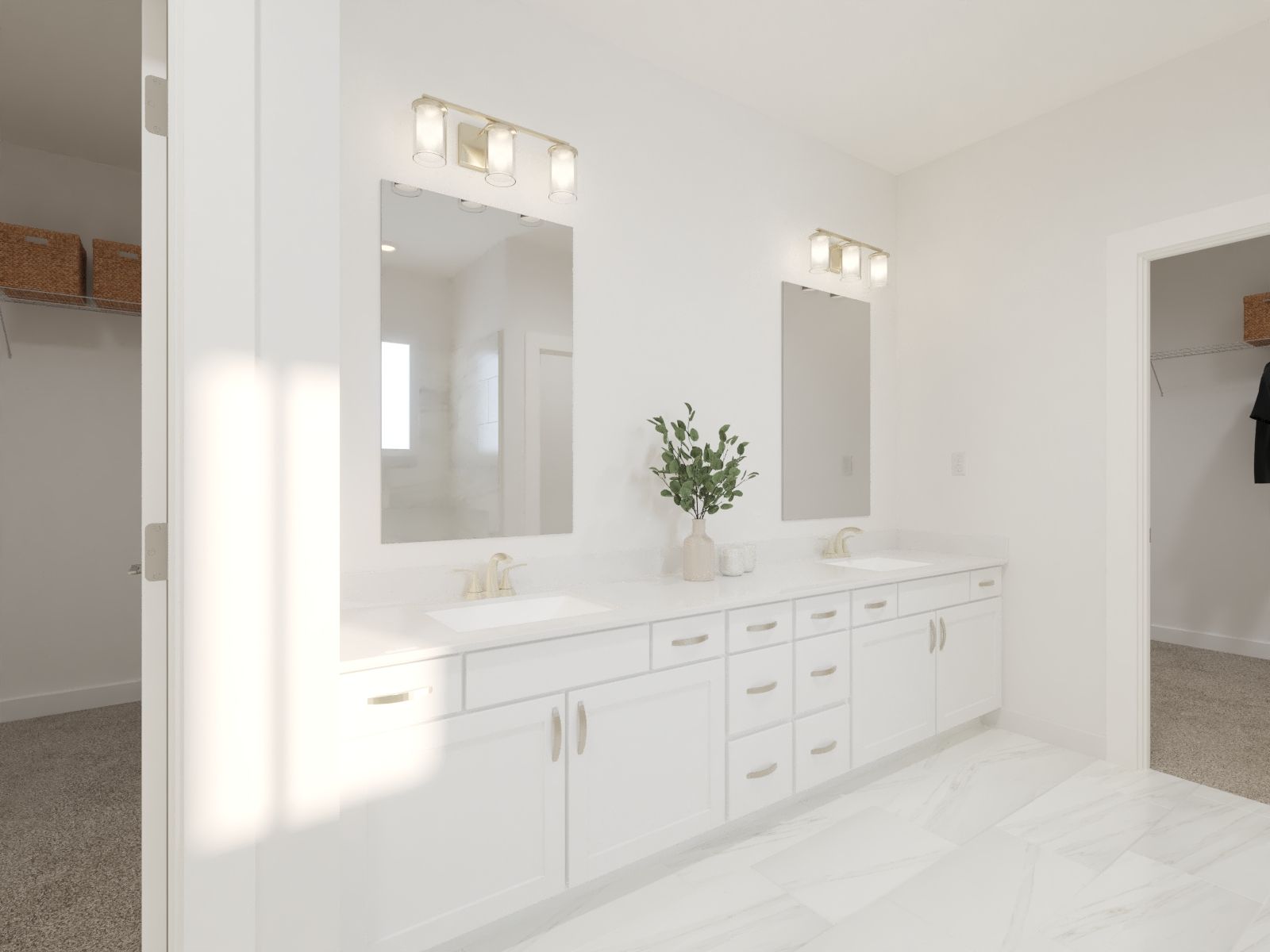 The primary bathroom offers dual vanity sinks and a walk-in shower.