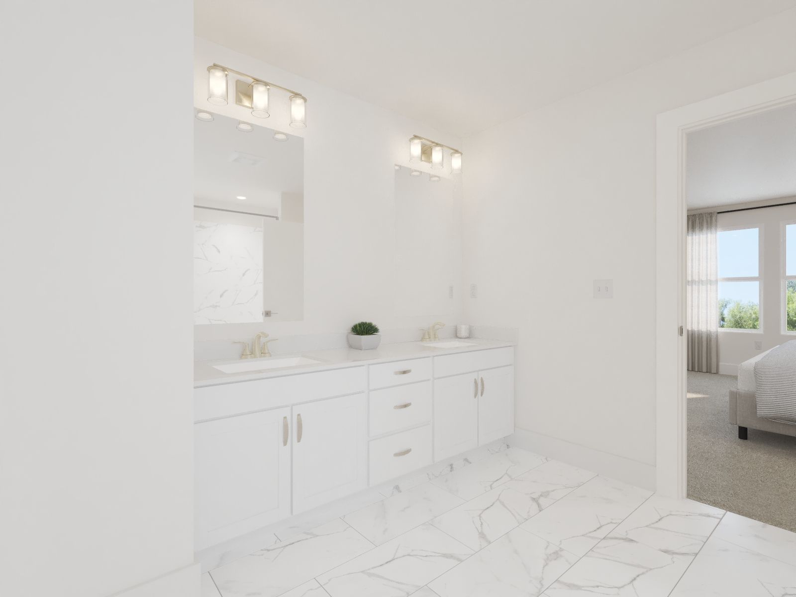 The primary bathroom offers dual vanity sinks and a walk-in shower.