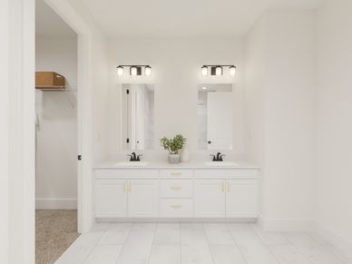 The primary bathroom offers dual vanity sinks and a walk-in shower.