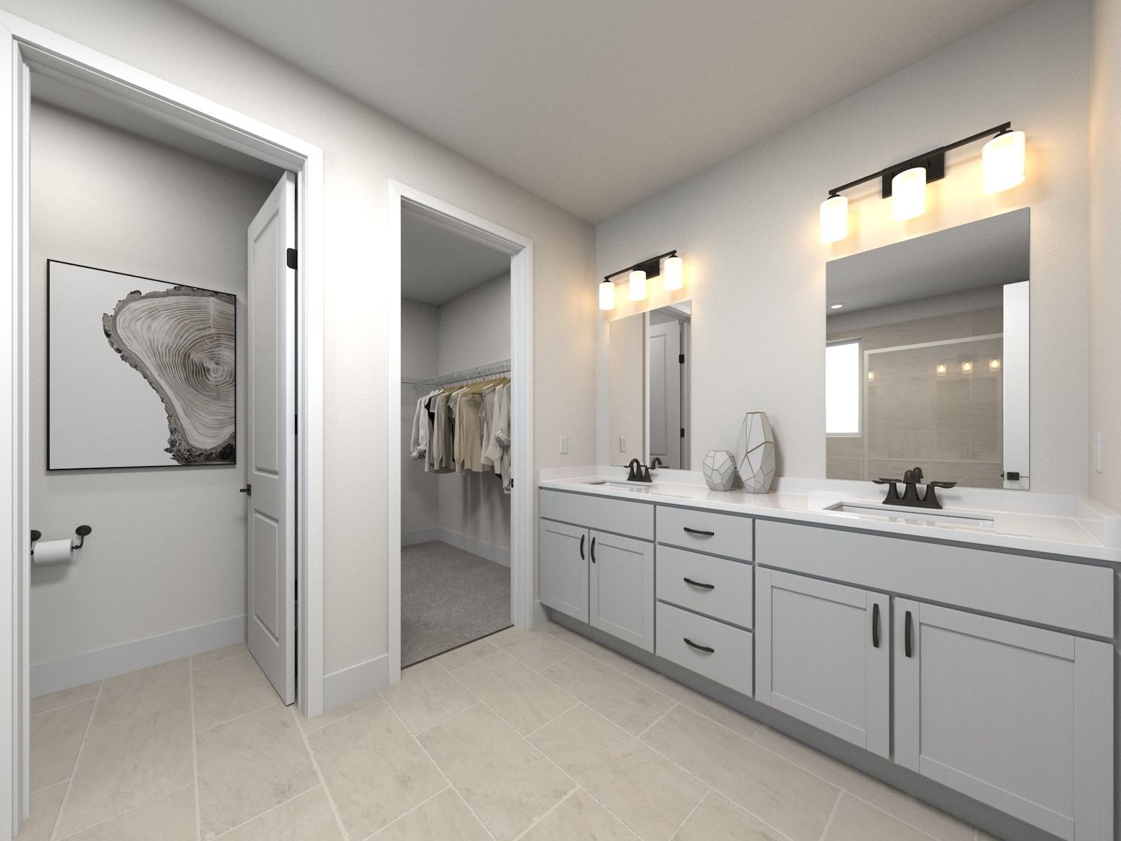 The primary bathroom offers dual vanity sinks and a walk-in shower.