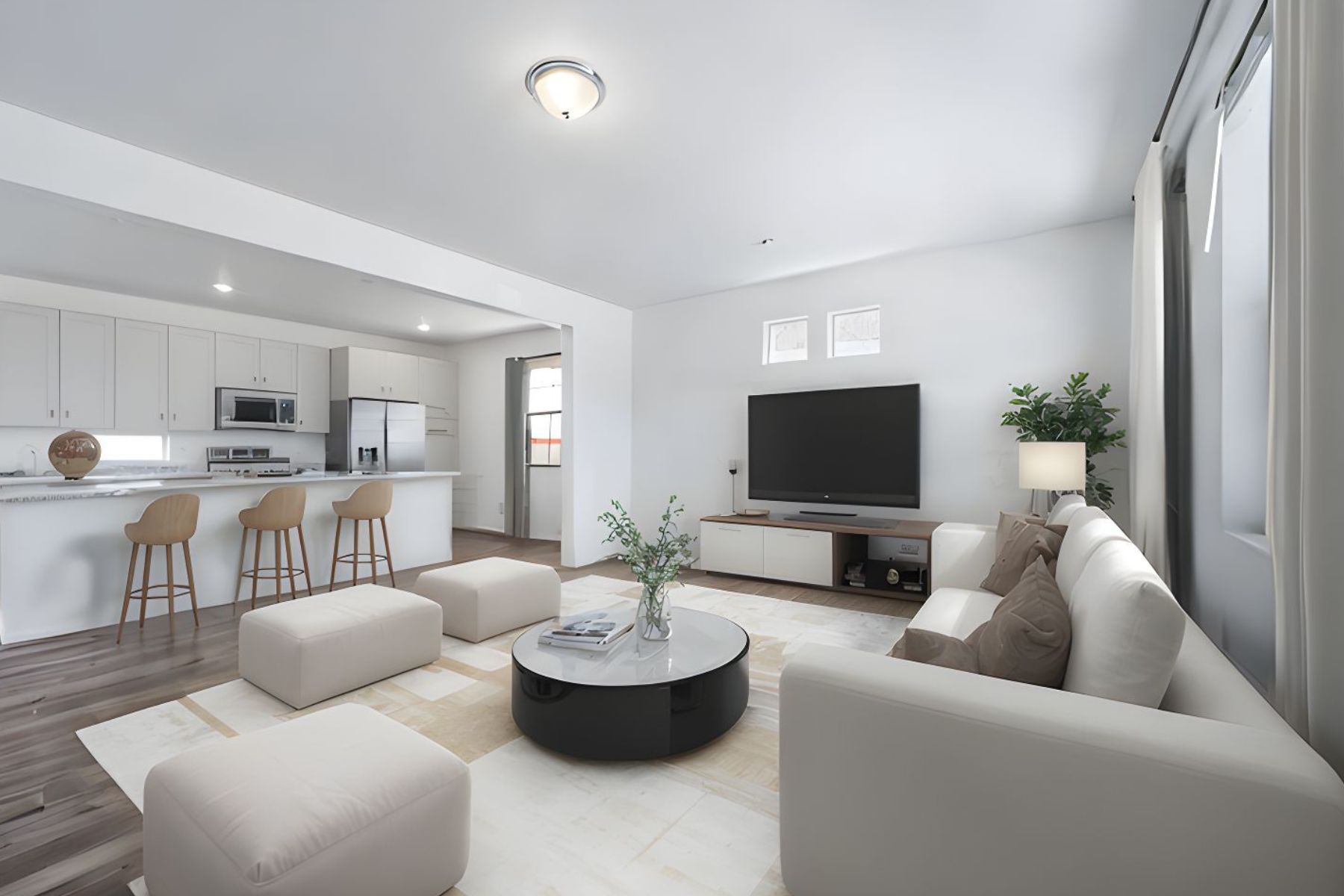 View of spacious living room and kitchen