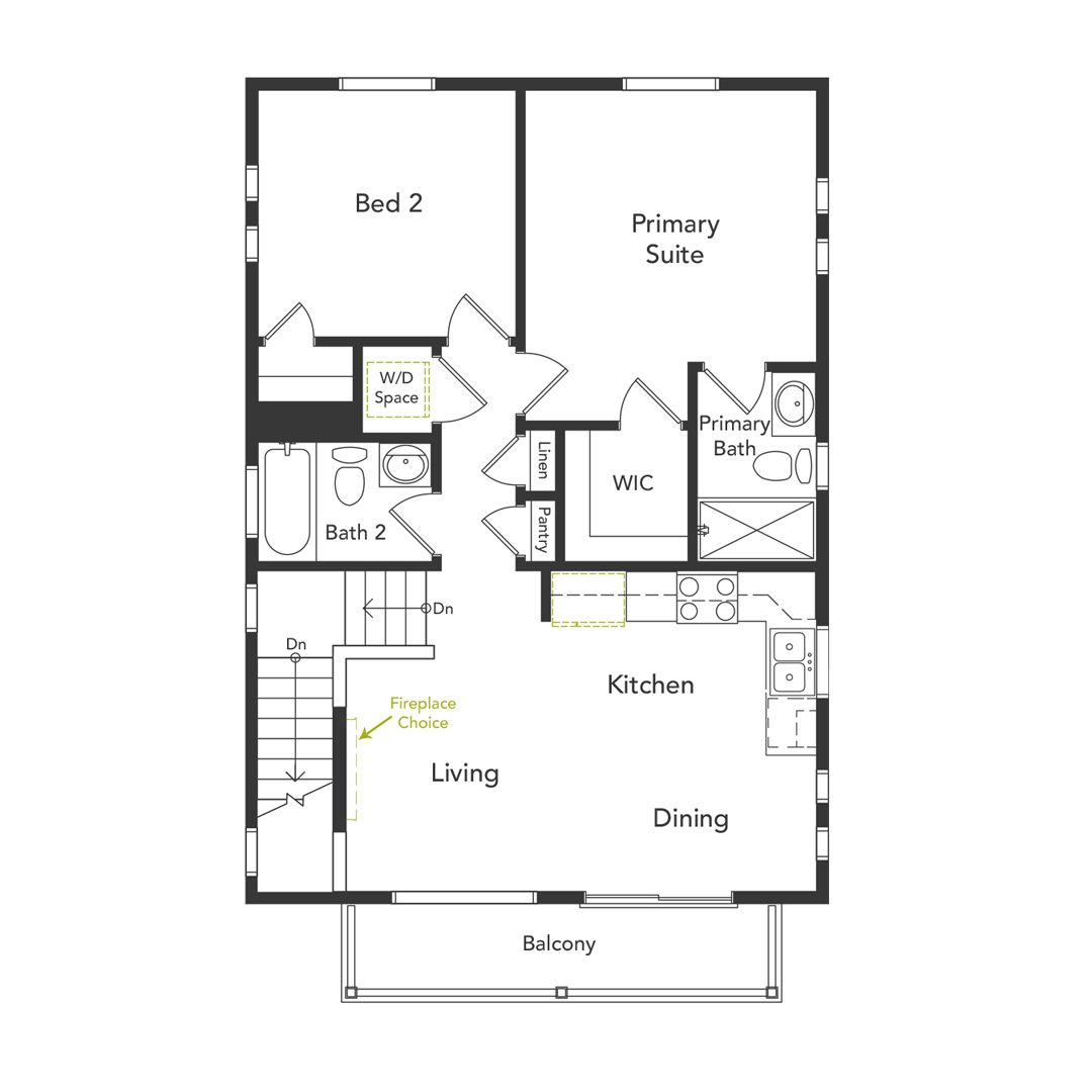 A View of the 2nd floor kitchen, dining, living room, primary suite, and front balcony.