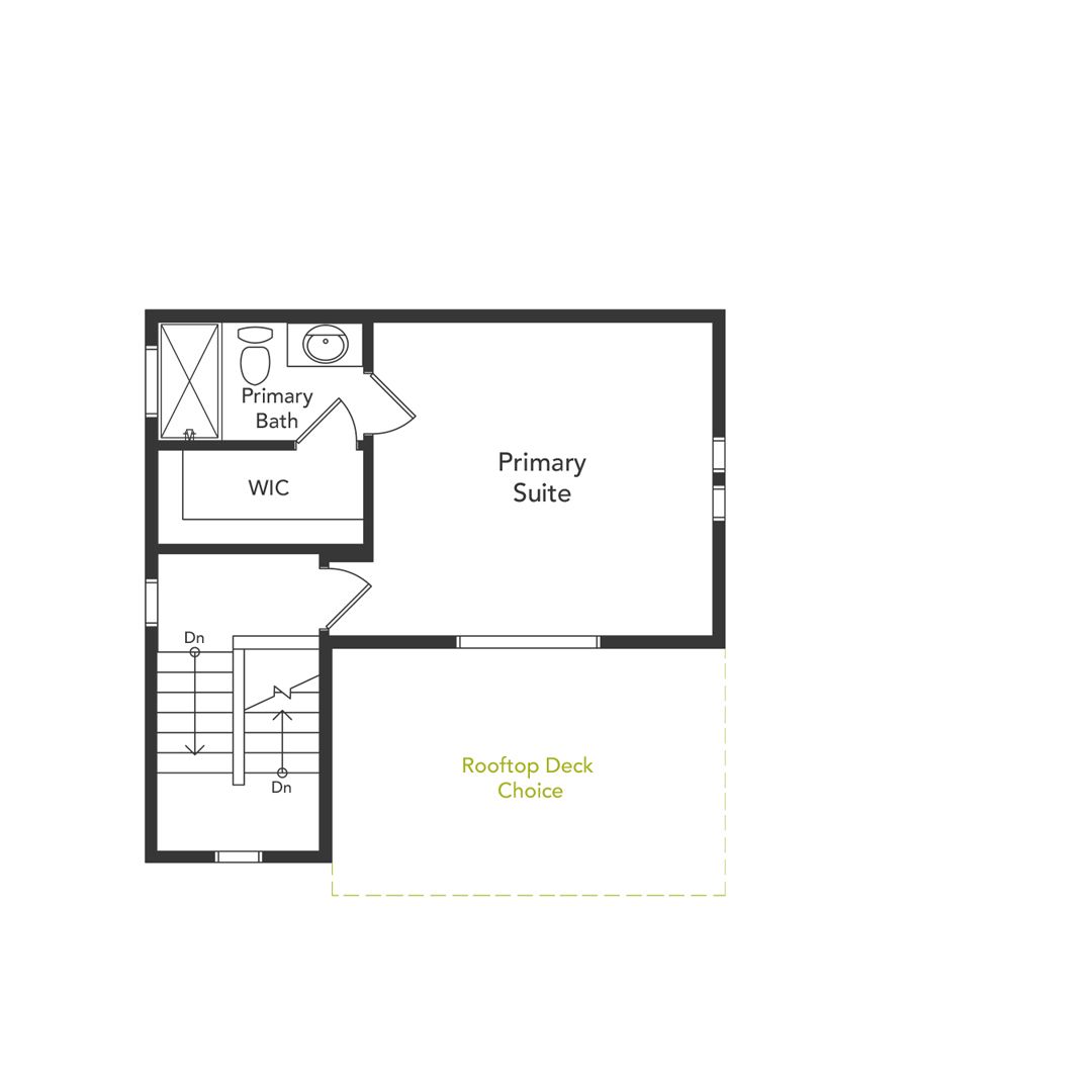 A View of the primary suite, primary bath, walk-in closet, and optional rooftop deck.