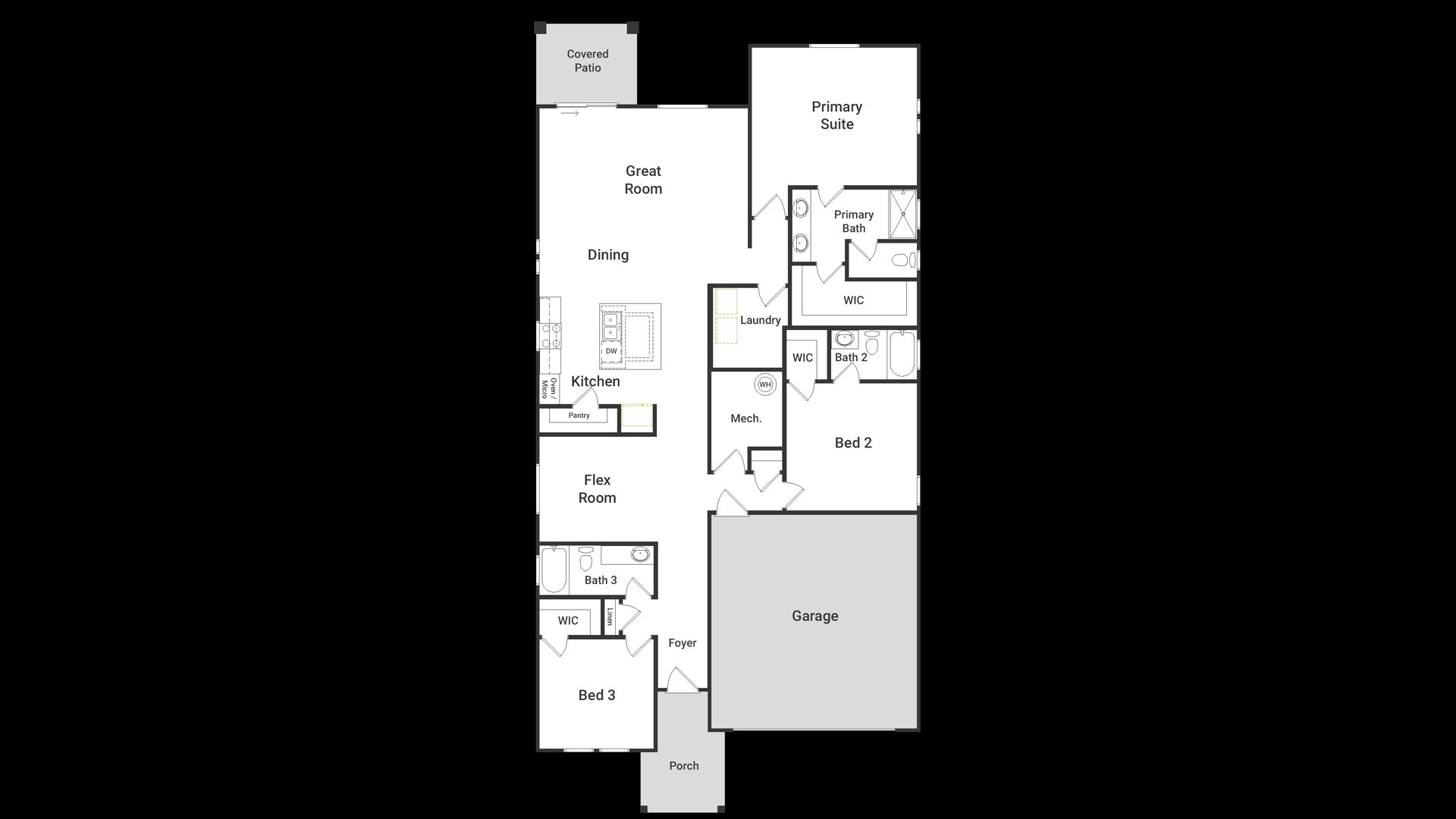 A view of the Dawn floorplan, 2 car garage and living area of the Dawn floorplan