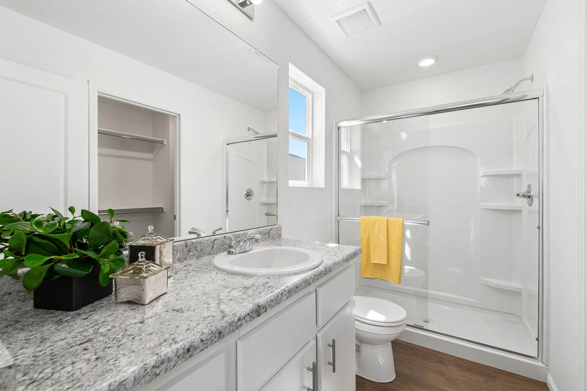Looking into the primary bathroom.